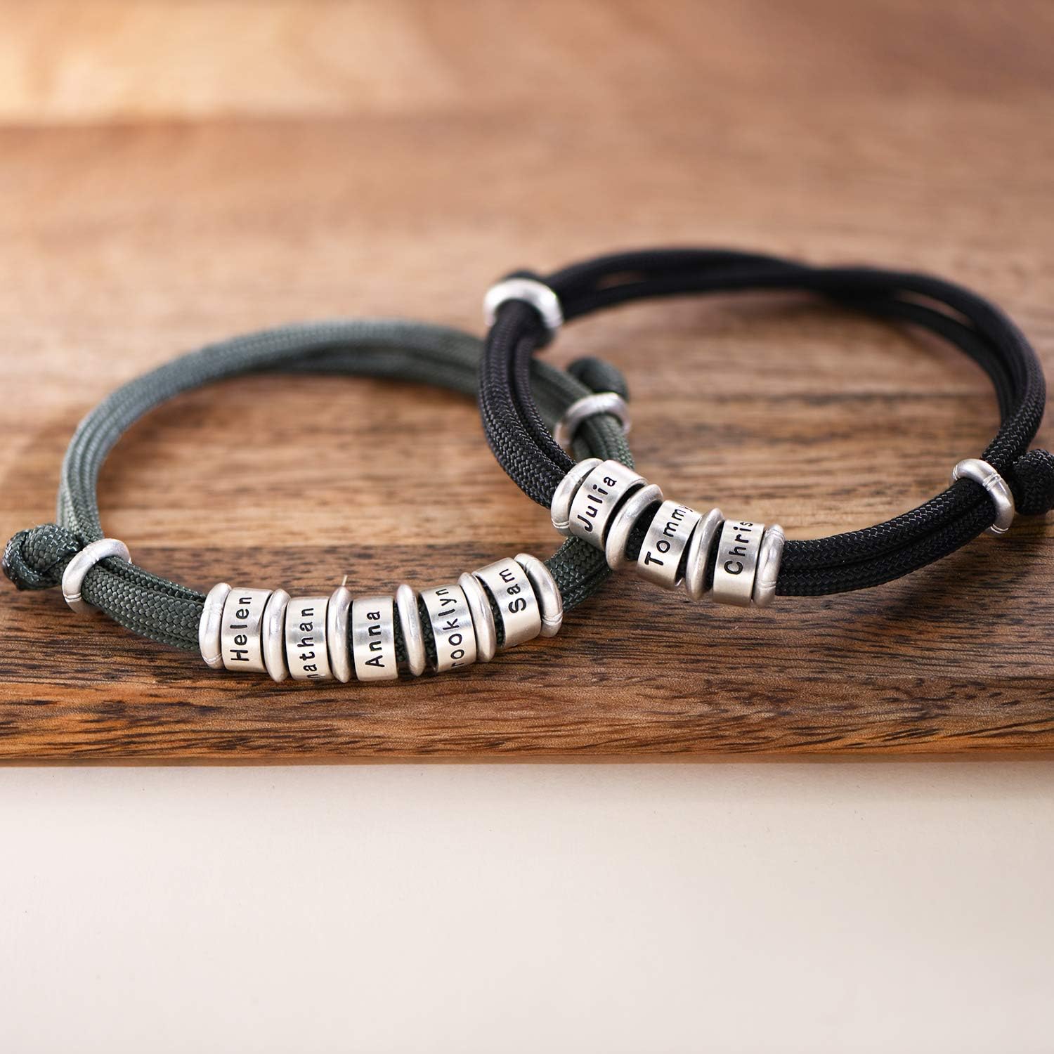 Personalized Choose Your Style Men Bracelet - Custom Inscriptions - Meaningful Gift for Him, Husband - Gift for Father's Day, Christmas, Birthday - by MYKA (Cord Bracelet with Sterling Silver Beads)