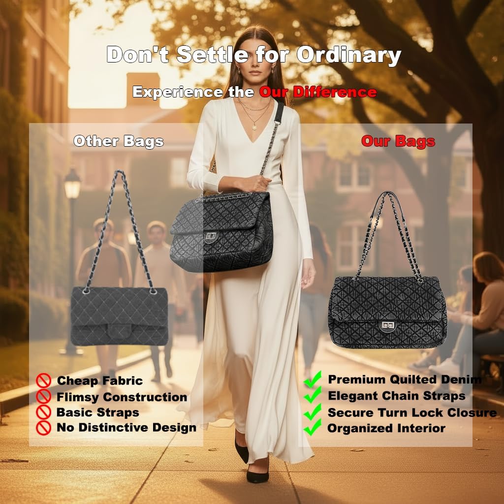 Quilted Denim Purse for Women, Large Capacity Vintage College Style Shoulder Bag Denim Tote Bag, Chain Crossbody Bag - Image 6