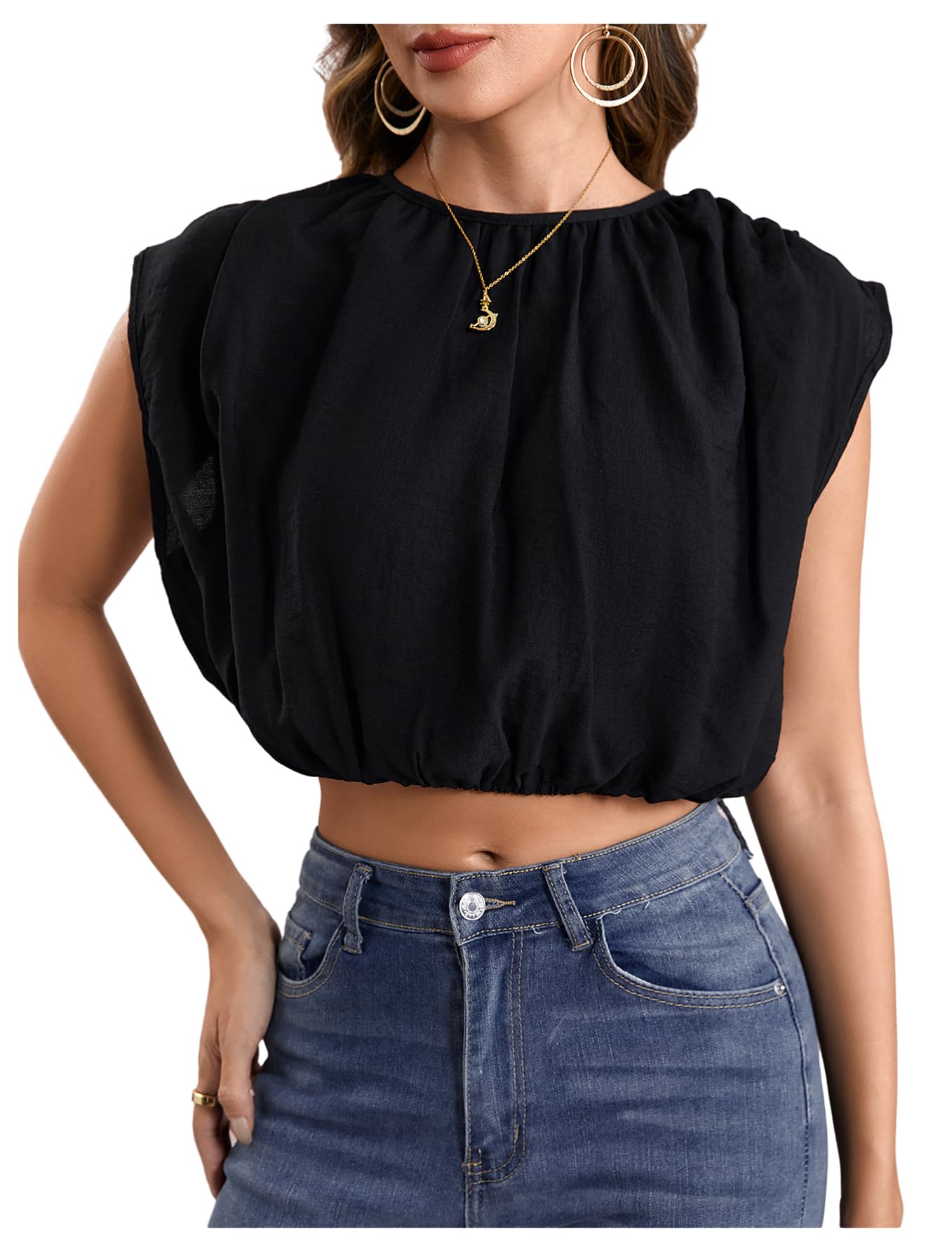 Women's Ruched Sleeveless Blouse Crew Neck Tight Hem Crop Tops