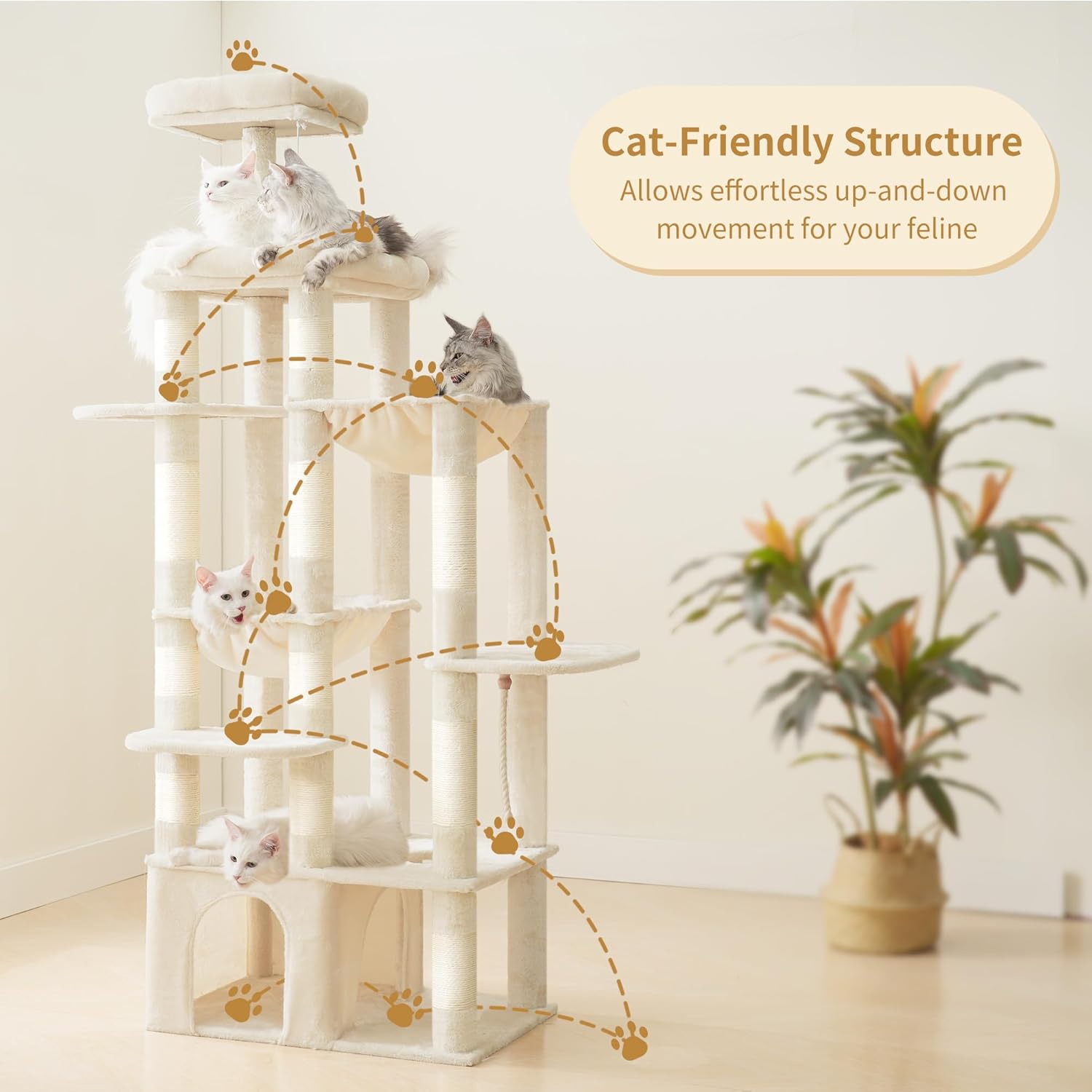 heybly cat tree, 71-inch tall cat tower for large maine coon cats with extra-large baseboard, cat condo furniture with multi-level platforms, 2 hammocks and 12 scratching posts, beige hct037m xl beige