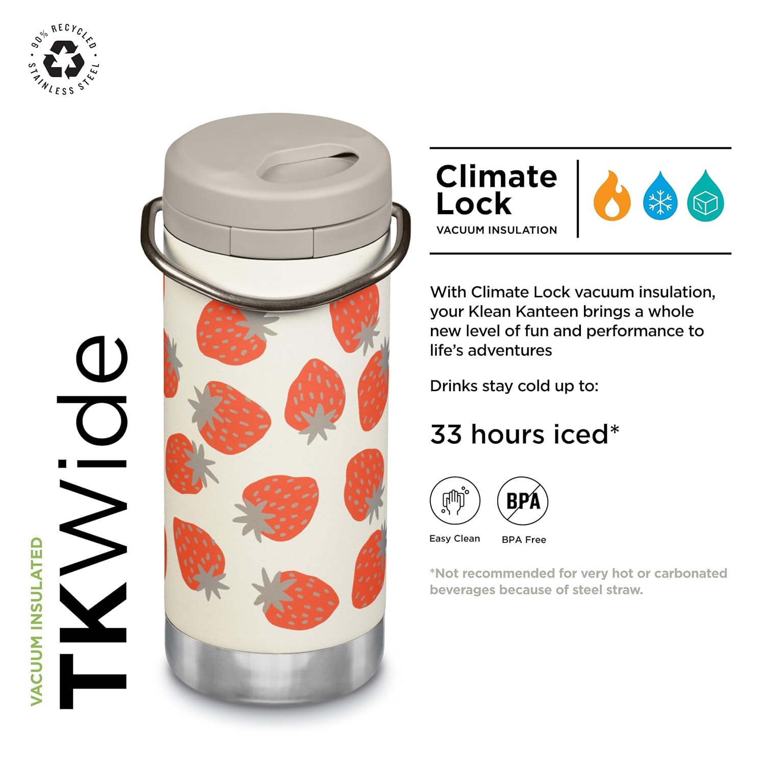 Klean Kanteen TKWide Insulated Bottle – Twist Cap, Steel Straw – Dishwasher – Strawberries 12 oz - Image 2