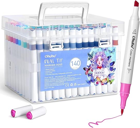 Ohuhu 140 Colours Water-Based Markers, Dual Tip Art Markers Brush Pens for Adults Colouring Pens for Anime Manga Design, Calligraphy, Drawing, and Illustration, Odourless & Non-Toxic