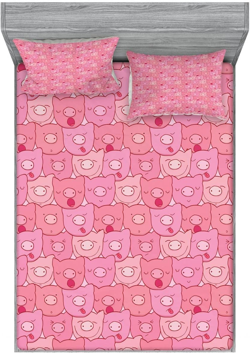 Lunarable Pig Fitted Sheet & Pillow Sham Set, Funny Snouts