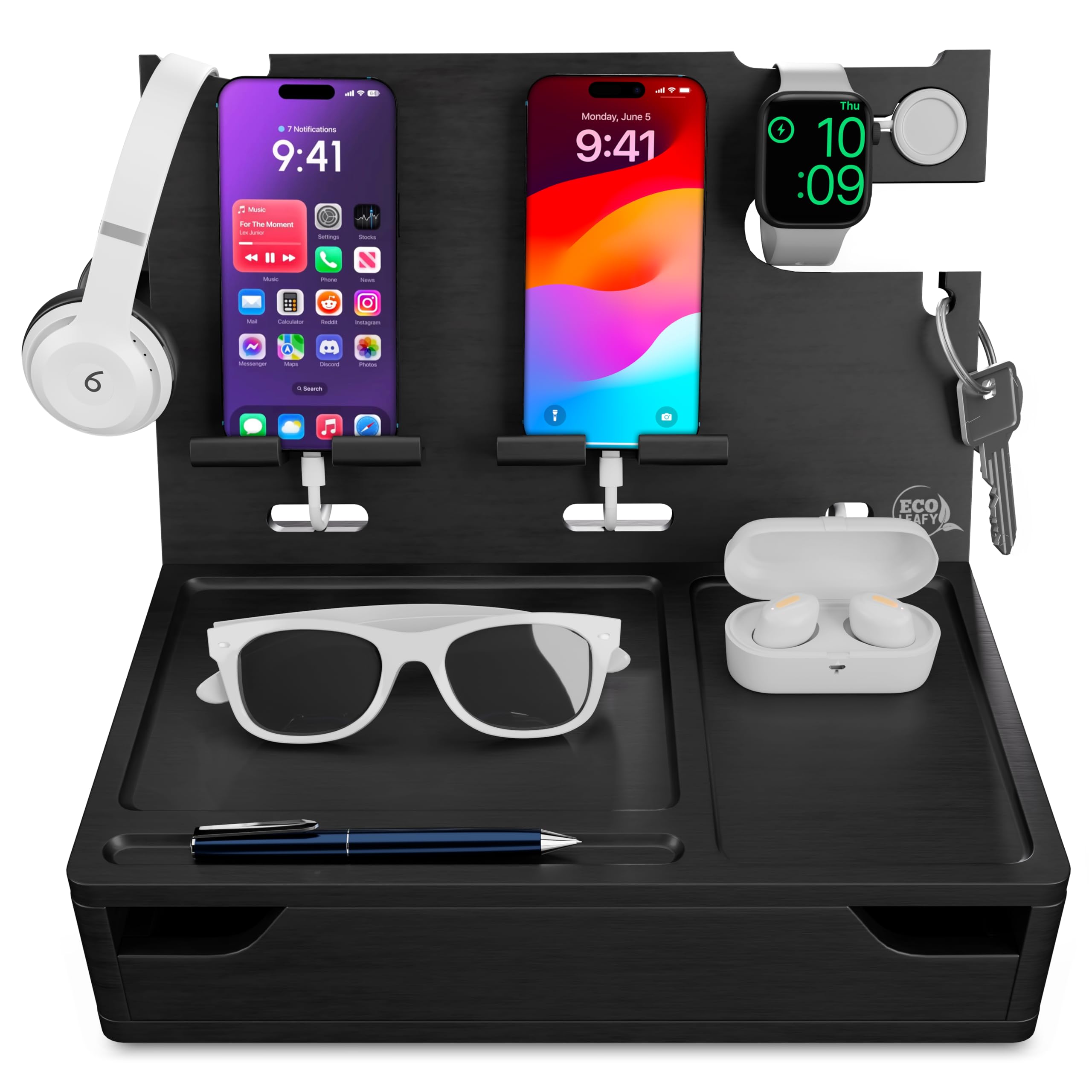 EcoLeafy Dot Nightstand Organizer with Drawer- Wood Phone Docking Station- Desk Organizer for Two Phones or Tablet, Watches, Headphone & Accessories- Unique Gifts for Men, Dad or Son (Black)