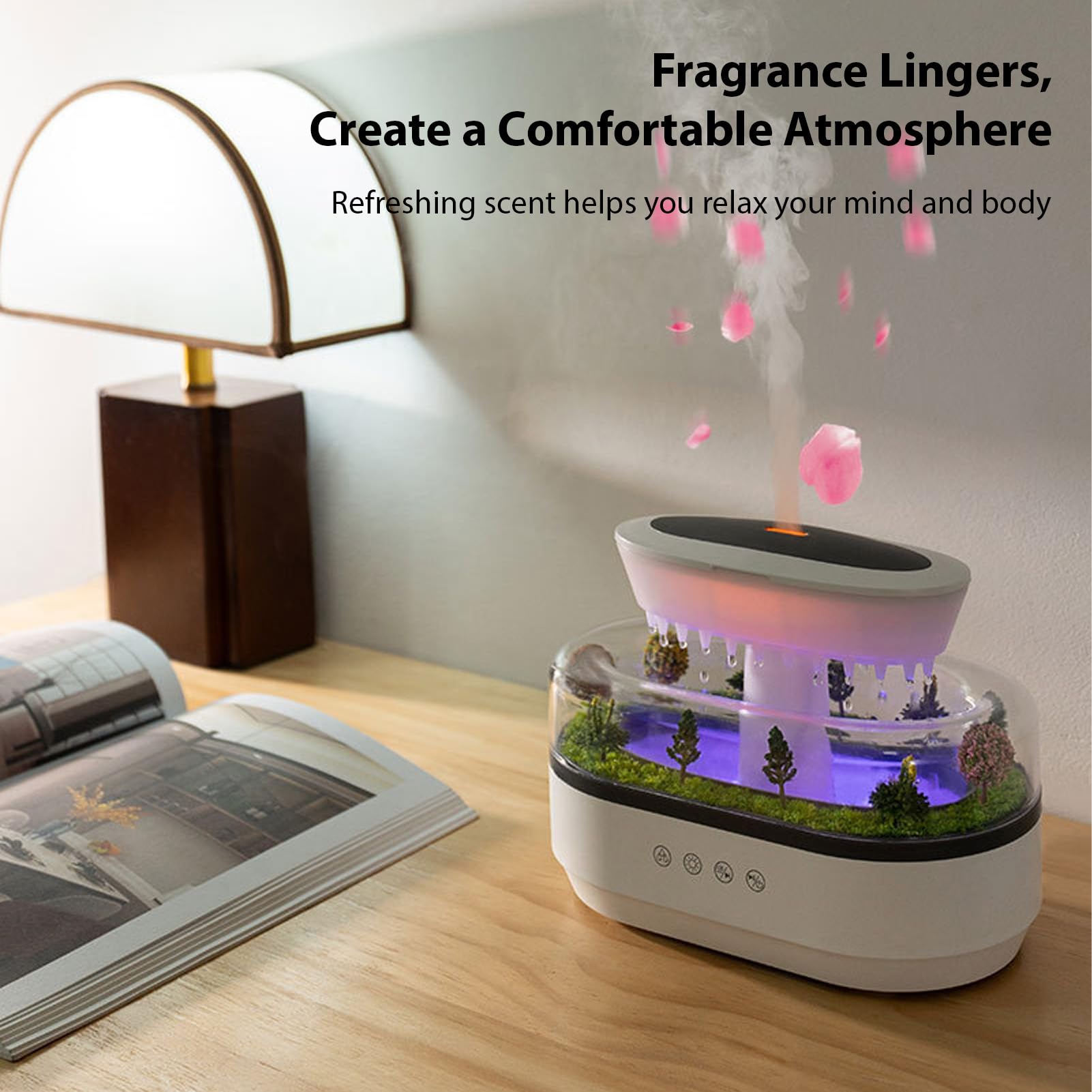 Decdeal Umidificatore a Goccia di Pioggia, Rumore Bianco, Illuminazione a LED 7 Colori, Musica Goccia per Aromaterapia con Nebbia Fredda e Diffusore Ad Ultrasuoni per Camera d (Stecker UE)