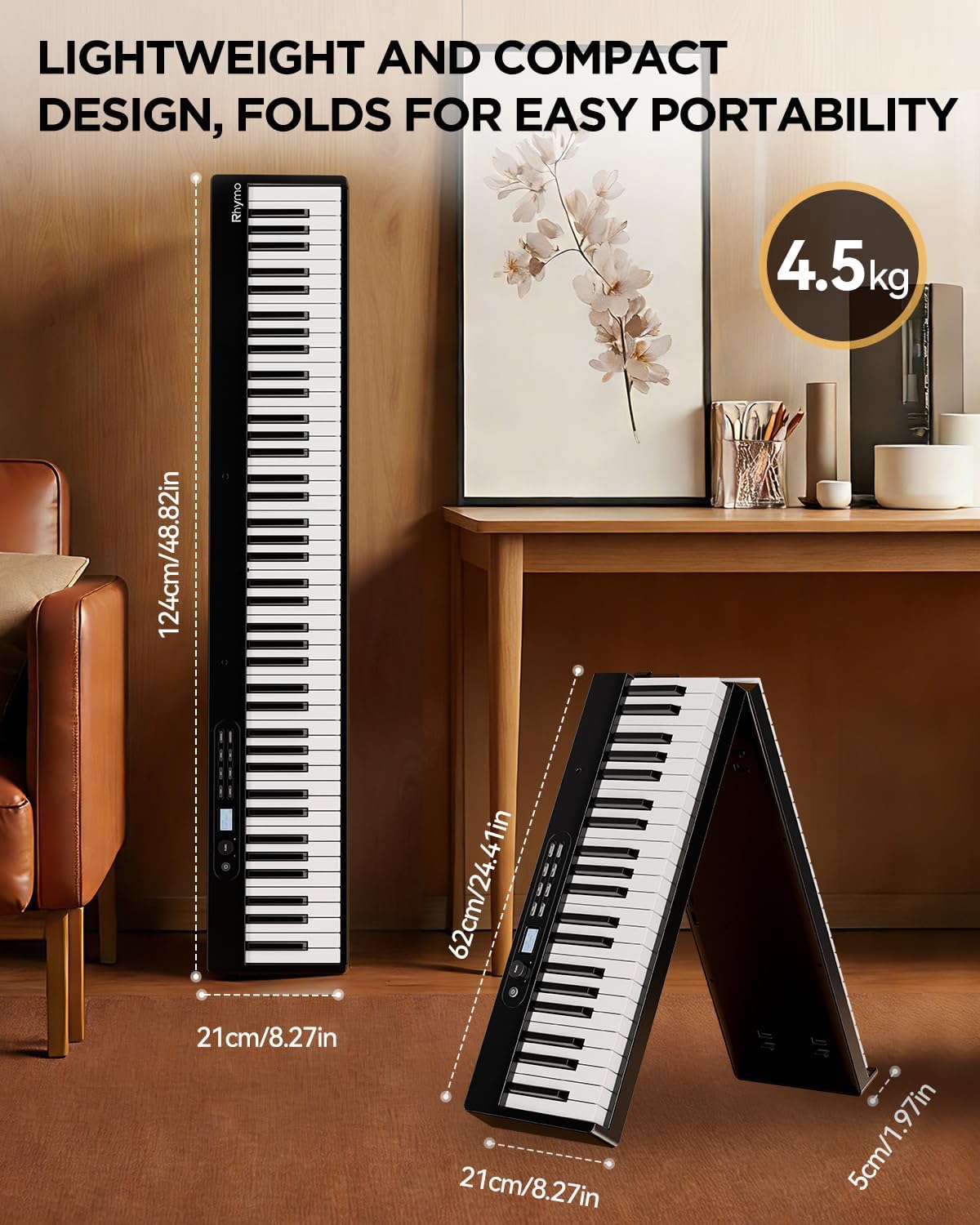 Rhymo Portable Piano Keyboard, 88 Key Semi-Weighted Folding Digital Piano | Full Size Travel Piano with LCD Display, Sustain Pedal & Earbuds for Adult Beginners - Image 7