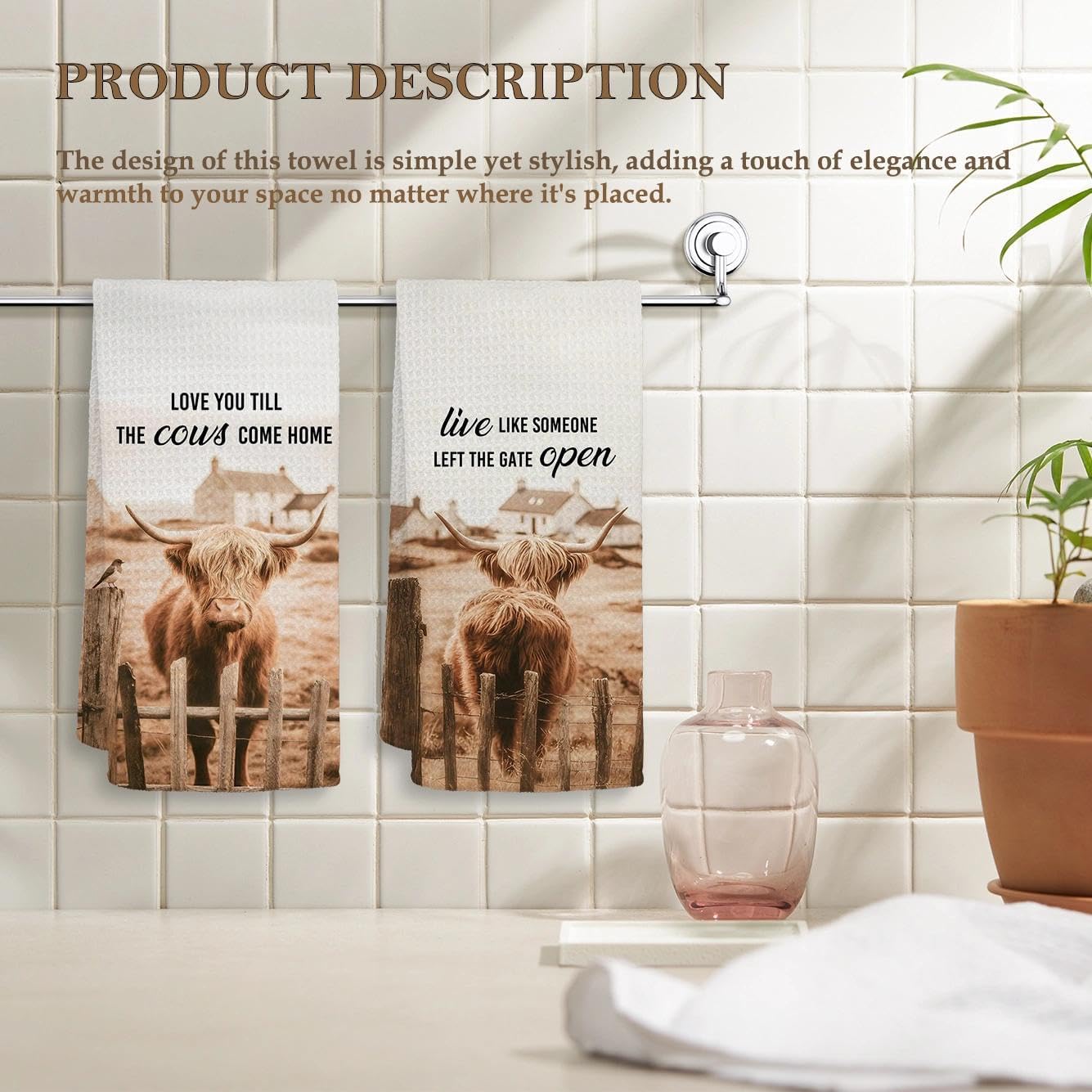 HIWX Vintage Highland Cow Kitchen Towels, Western Cow Decorative Kitchen Dish Towels, Love You Till The Cows Come Home Hand Towel for Bathroom Decor, Western Bathroom Decor 16x24 Inches Set of 2 image 2