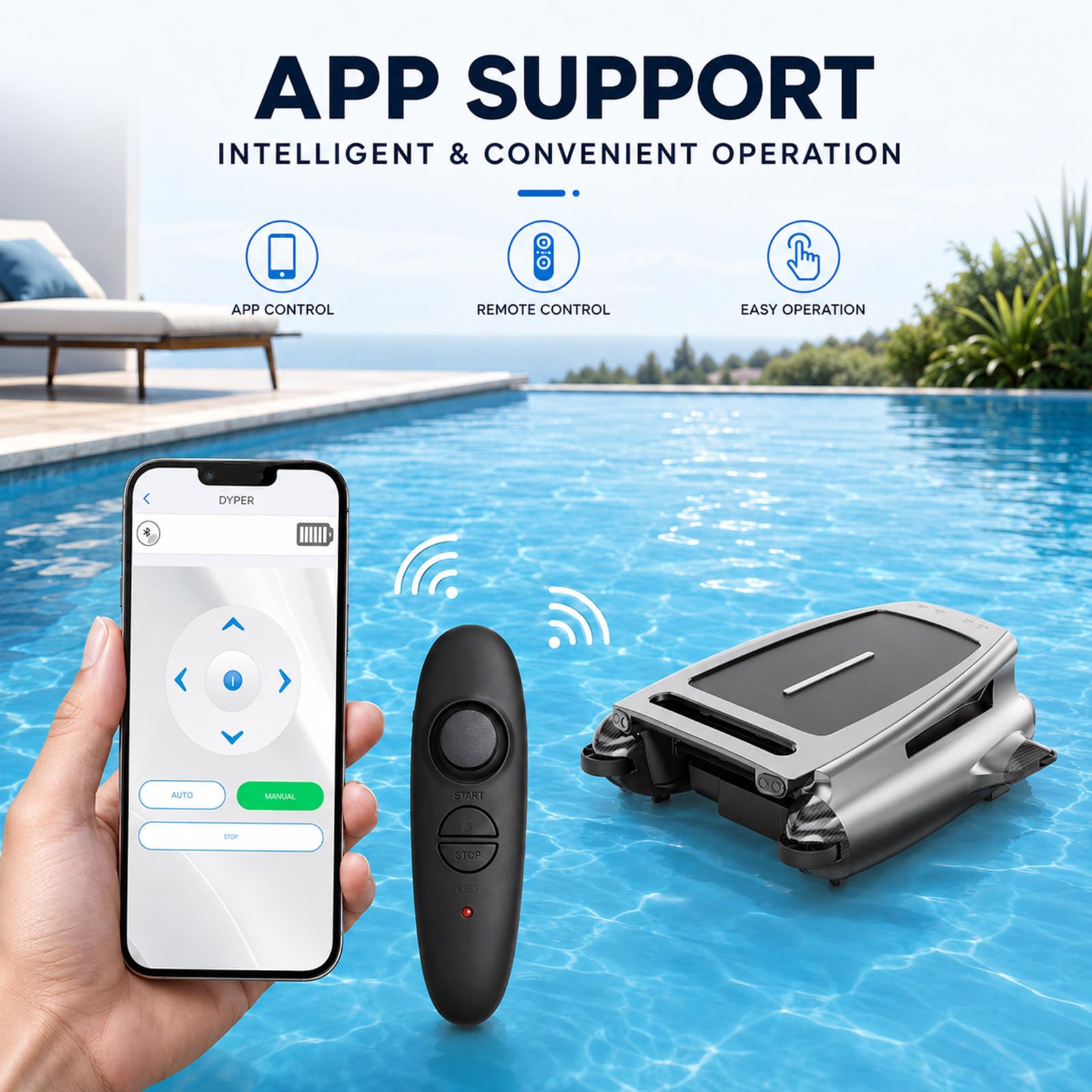 Doble Carga Robot Skimmer Piscina Solar, Limpiador de Superficie con App, Mando a Distancia, Evitación de Obstáculos, Filtro 450 μm para Hojas y Polen Blue