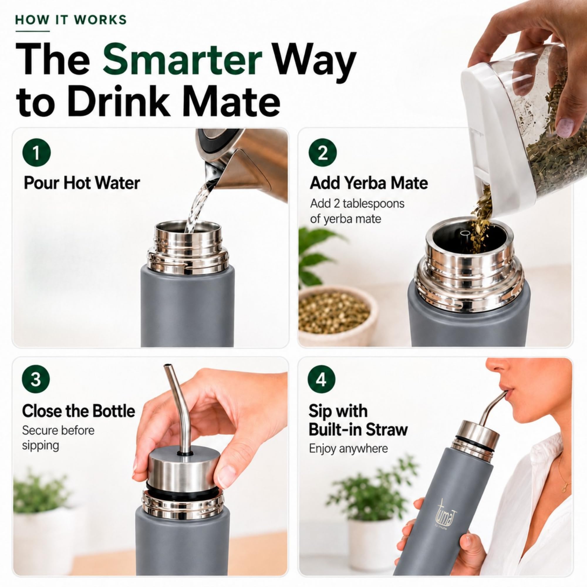 TUMA TU MATE Kit complet Yerba Mate, bouteille isotherme AutoMate à double bouchon, tasse et bombilla, 750 ml double paroi en acier inoxydable, sac en toile, récipient Yerbero et chauffage de voiture