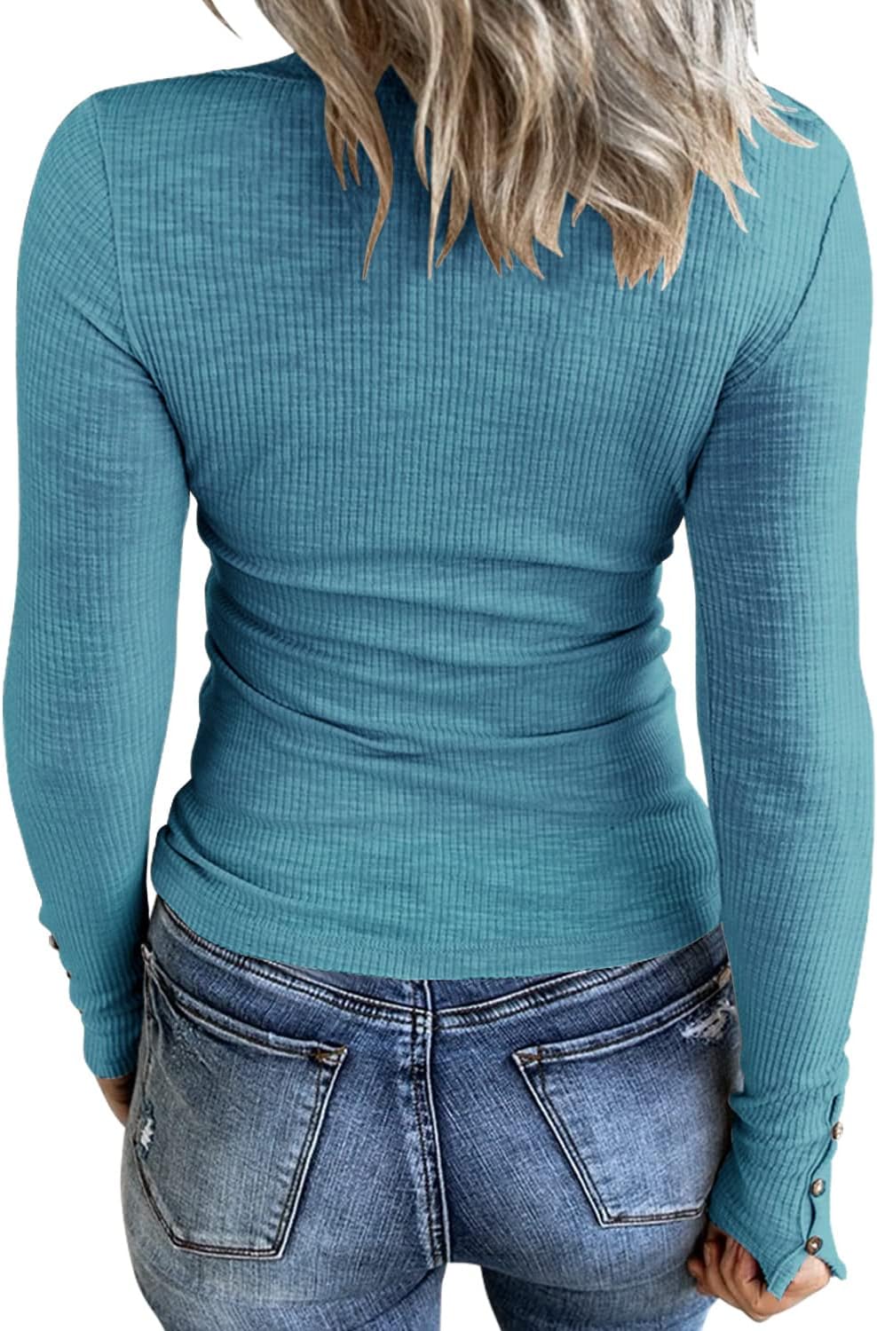Womens Long Sleeves Ribbed Knit Tunic Shirts Scoop Neck Button Down Tops Casual Henley Tee Shirt Slim Fit Blouses - Image 2