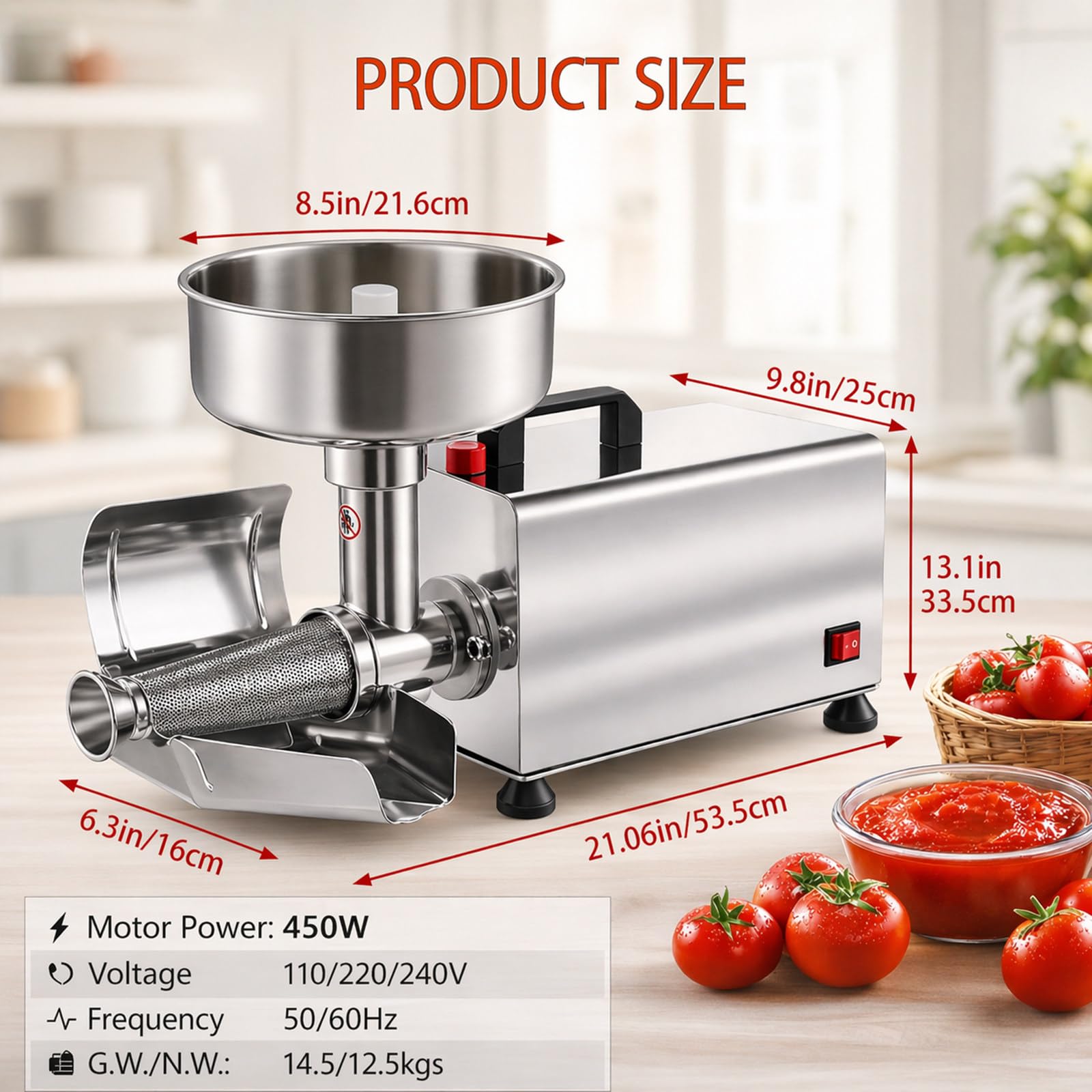 Macchina per salsa di pomodoro 450 W, per cucina di casa e lavorazioni in quantità, con acciaio inox 304, per passata, purea e conserve