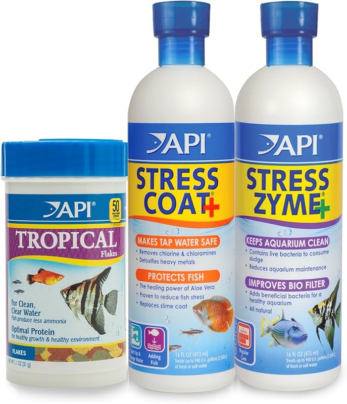 Tratamiento de agua de acuario API y Trop. Alimento para peces: Stress Coat 16 oz, Stress Zyme 16 oz, Tropical Flakes 1.1 oz