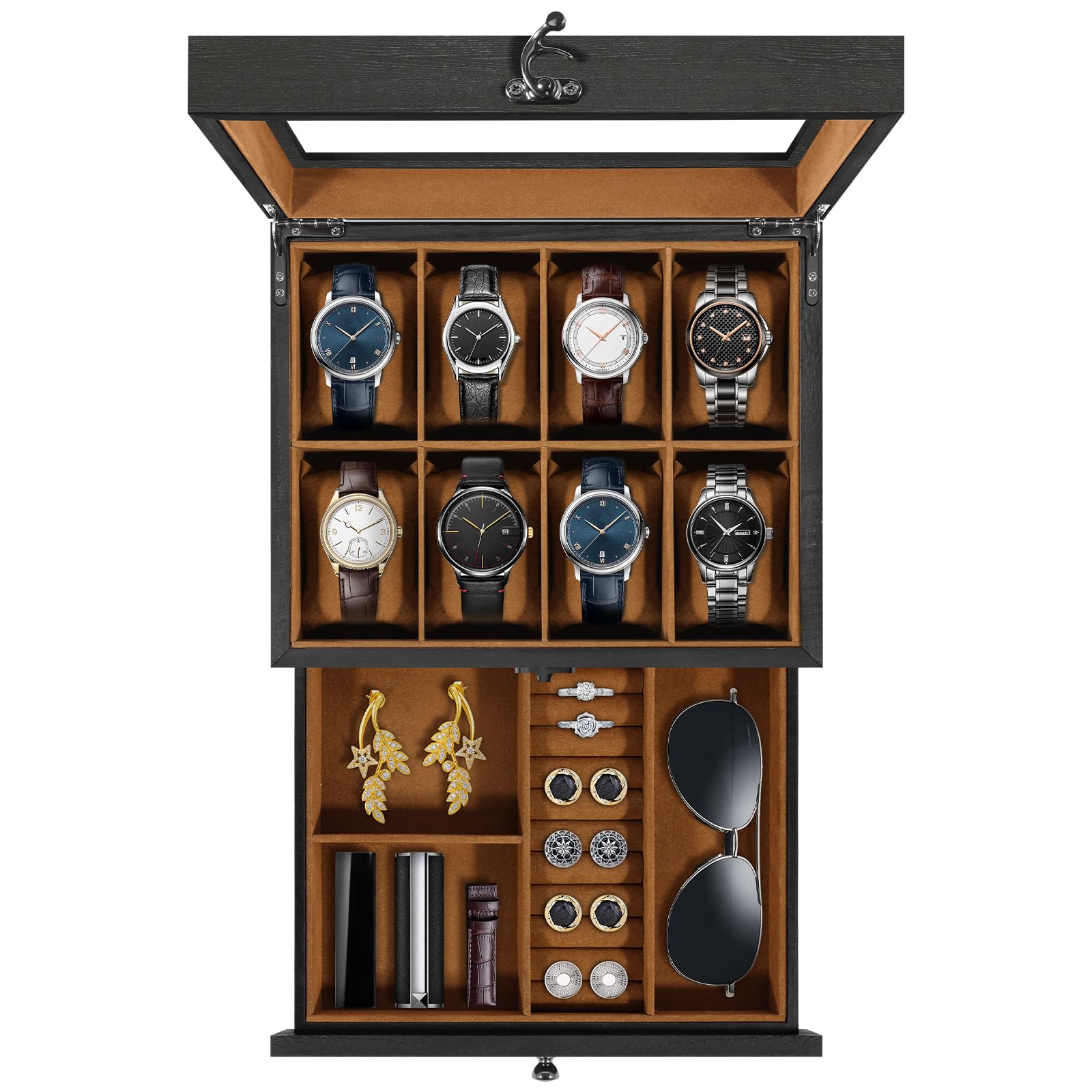 Uten Watch Box 8 Slots, 2-Tier Solid Wood Watch Case with Glass Lid, Metal Clasp, Watch Display Box for Men and Women, Removable Silk Cotton Pillow, Brown Lining, Jewelry Storage Box, Gift Idea