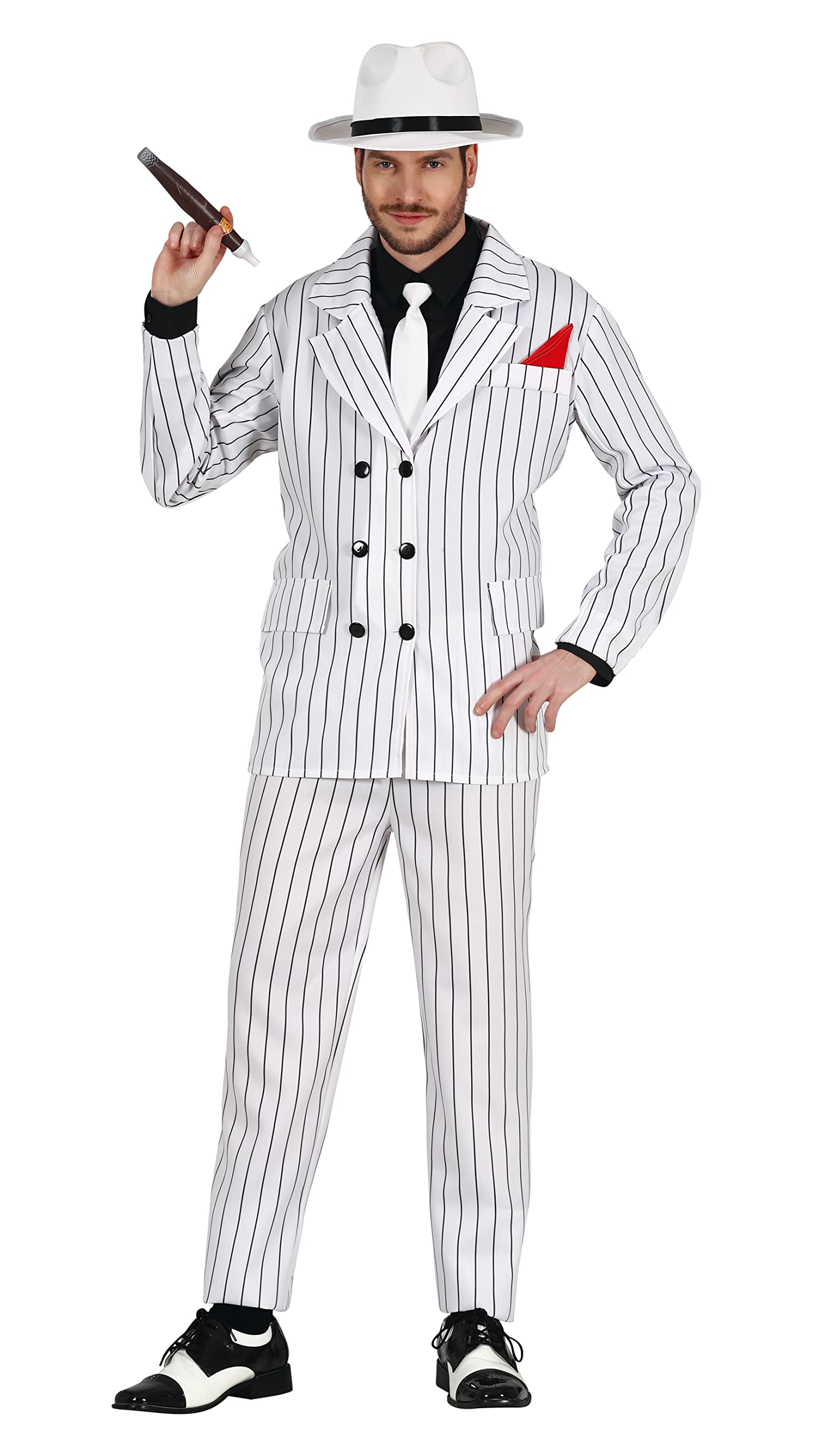 FIESTAS GUIRCA 1920s Mafia Gangster Fancy Dress Costume - White Striped Gatsby Style Mafia Boss Suit for Men Size M