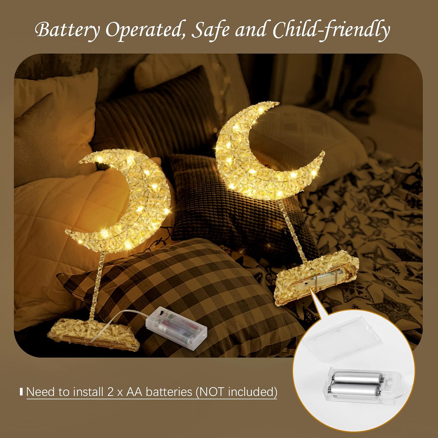 Lewondr Decorative Table Lamp, Battery Powered Moon Shape Ramadan Desk Lamp, Warm White Bright LED Light Winding Iron Frame Christmas Xmas Home Bedroom Romantic Bedside Desktop Nightstand, Gold