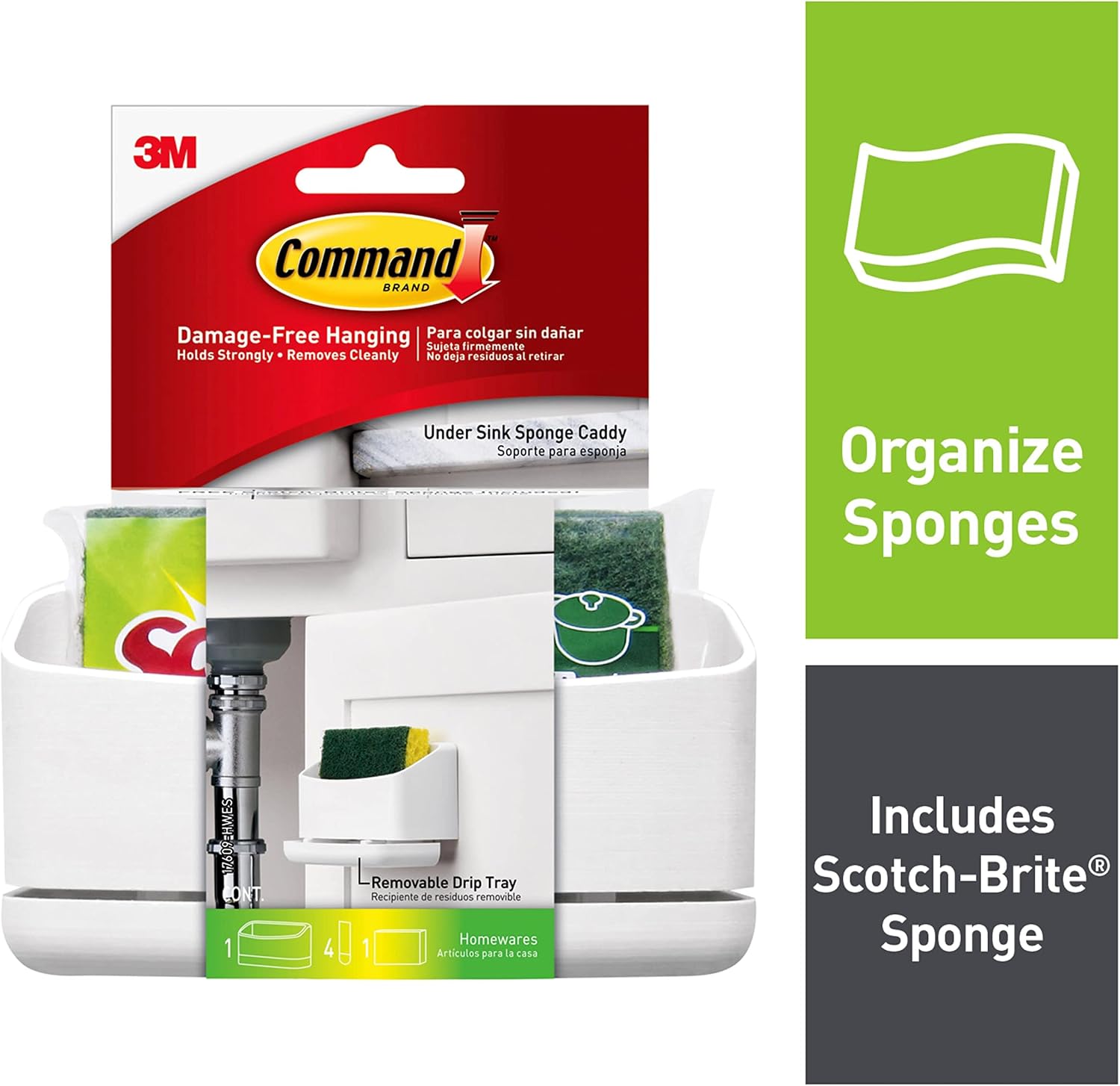 Command Under Sink Sponge Caddy, White, 1-Caddy, 4-Strips, 2-Pack, Organize Damage-Free