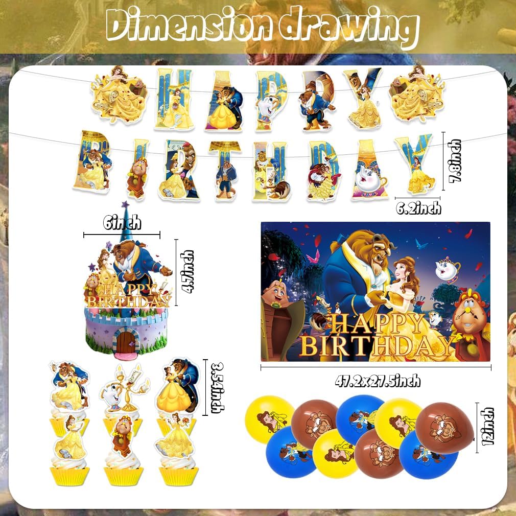 42pcs Beauty and the Beast Party Plates Supplies Pack Includes，Banner，Cake Topper，Blackdrop,Balloons for Beauty and the Beast party decoration
