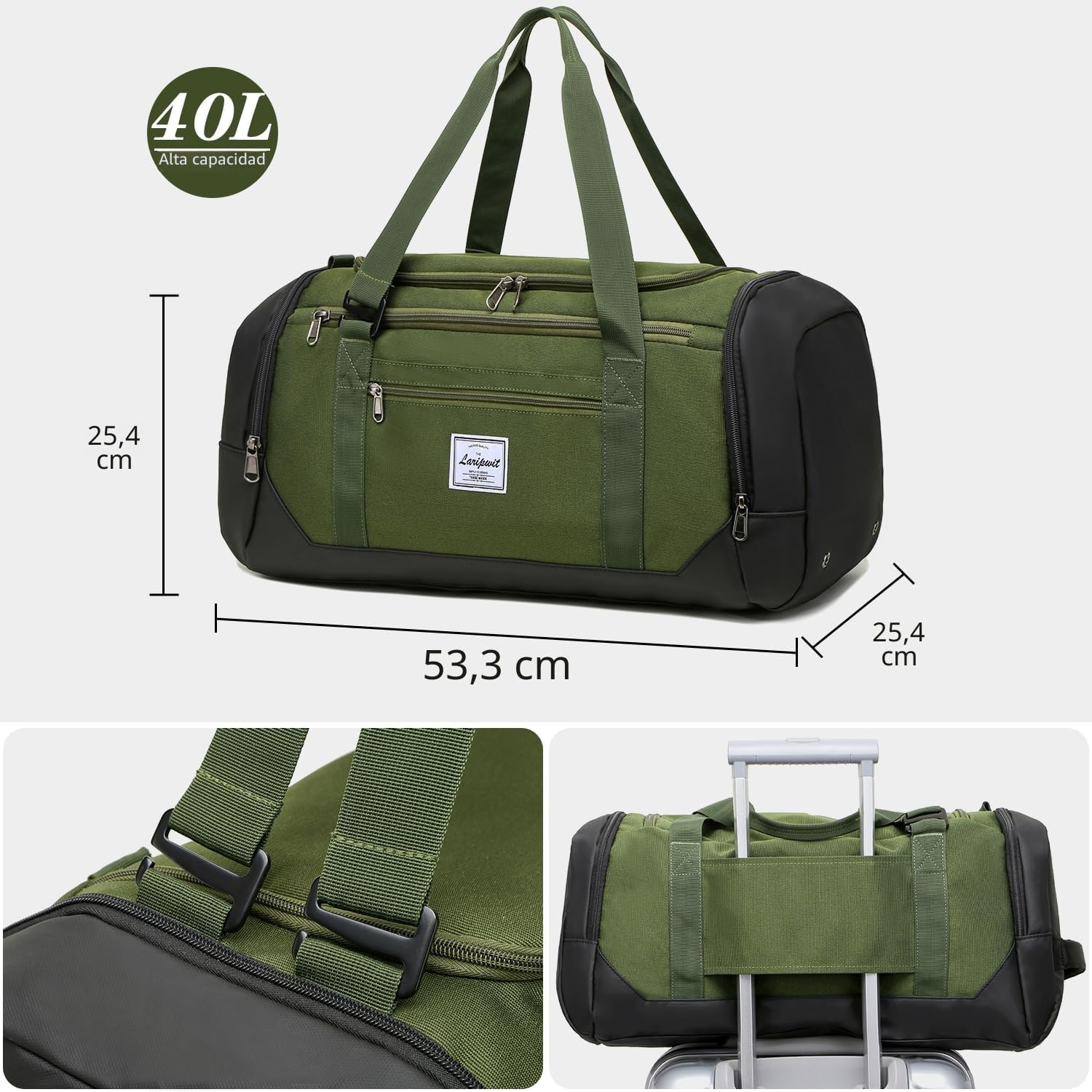 Laripwit Bolsa Deporte de Gimnasio para Hombre con Compartimento para Zapatos, 40L Bolsa de Viaje con Mochila Función y Compartimento Húmedo para Deportivo la Natación Duffle Bag, Verde