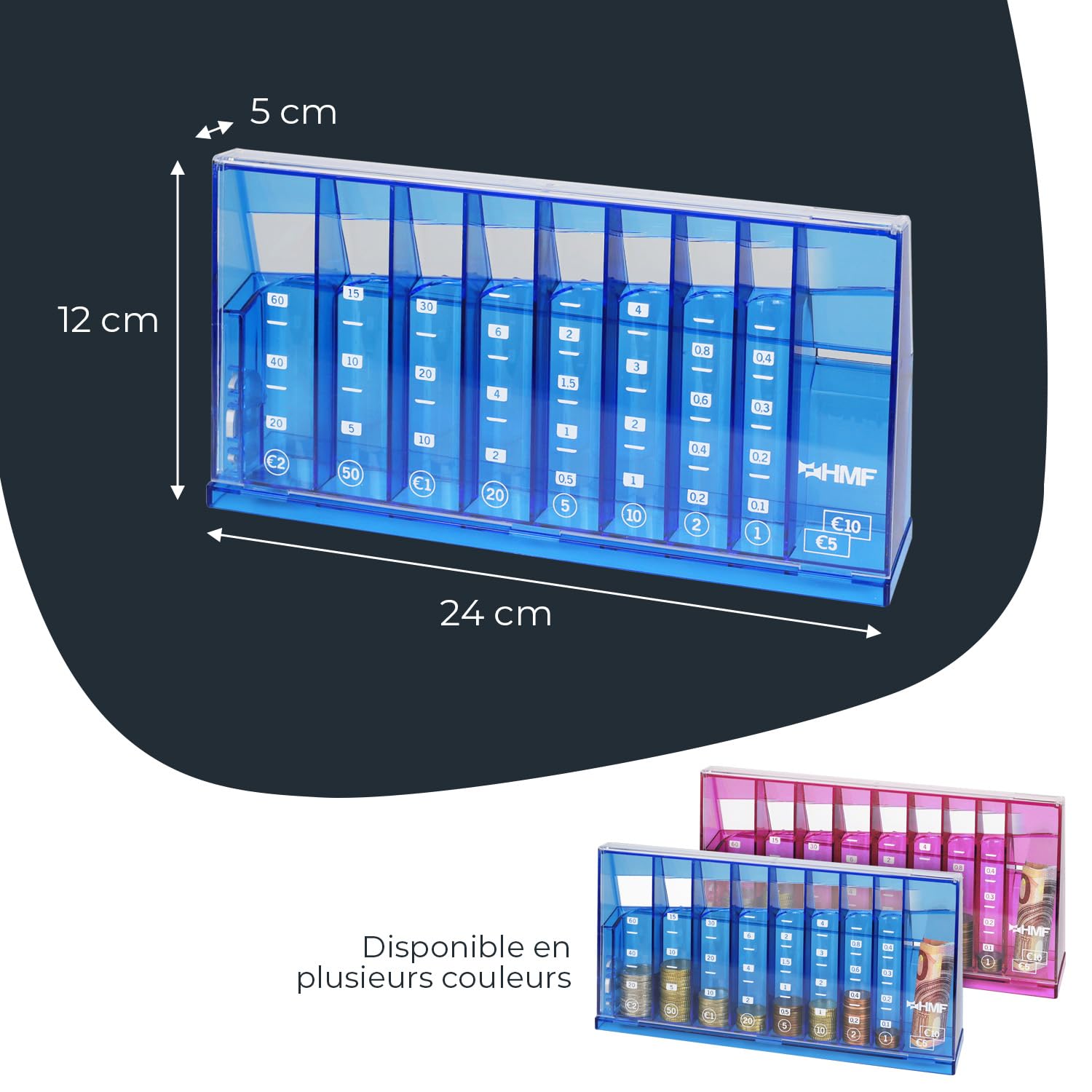 HMF Compteur de pièces avec tri Automatique pour Le Rangement de la Monnaie, trieur de pièces Transparent avec échelle de Valeur, Tirelire pour Enfants | 24 x 12 x 5 cm | Bleu