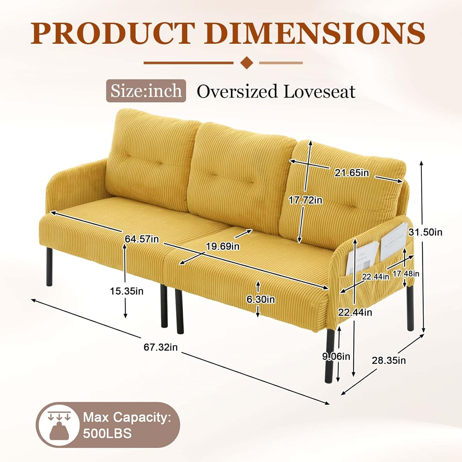Loveseat Sofa, 67” Small Sofa Couch for Living Room, Comfy Corduroy Fabric Love Seat for Bedroom with Throw Pillow,Removable Cushion Cover,Couches for Small Space,Apartment,Dorm (Yellow)