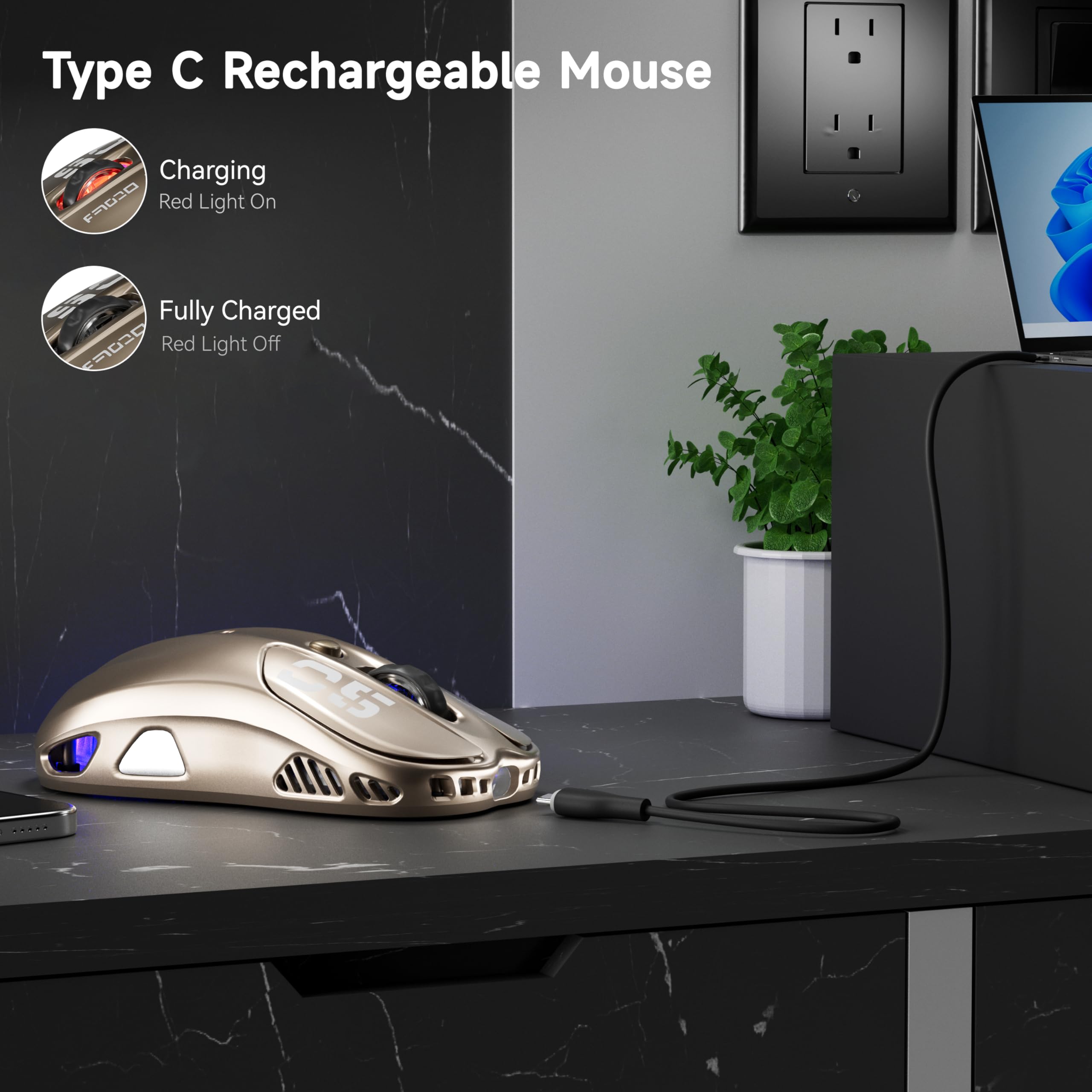 Uciefy Mouse wireless Buletooth, (BT5.1 e USB) Dual Mode ricaricabile LED, mouse ergonomico per computer portatile/PC, bronzo