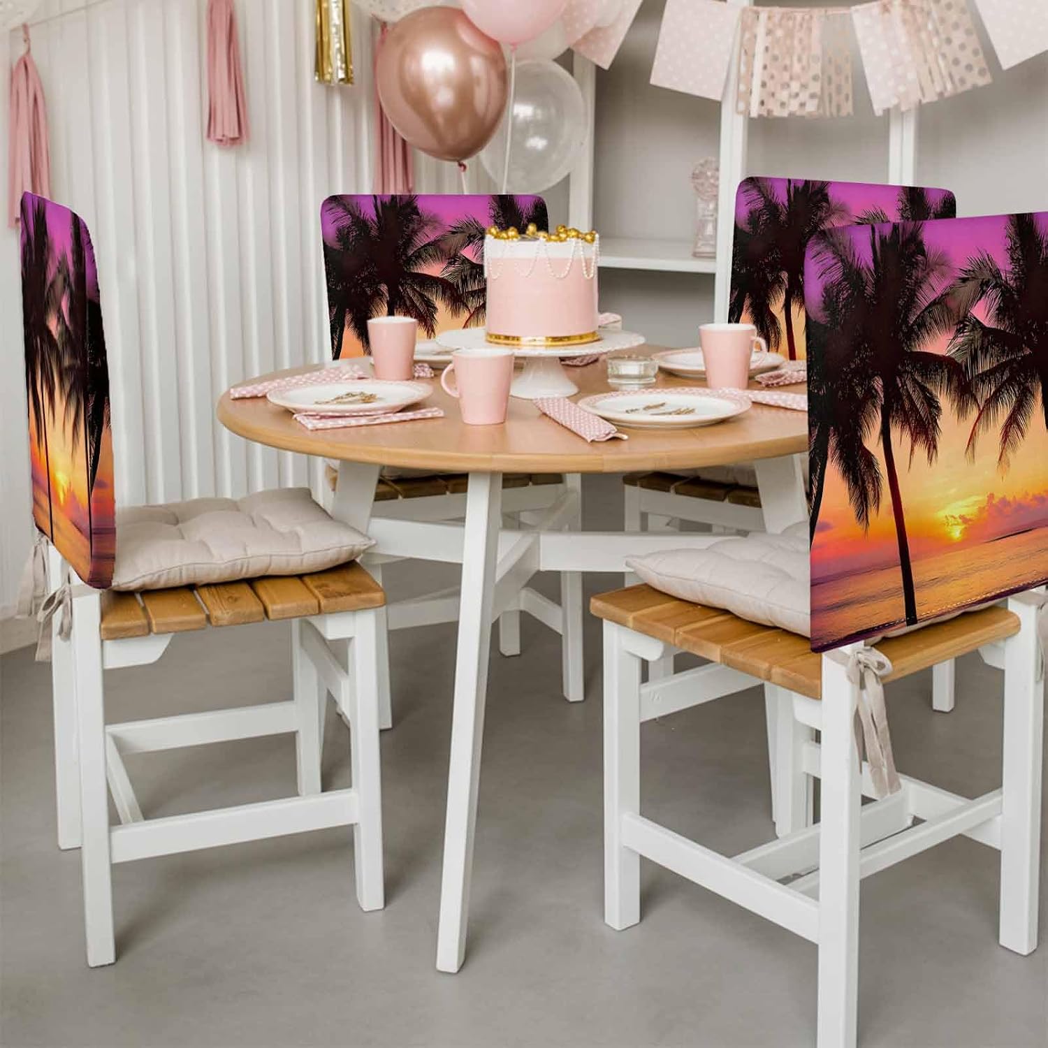 Chair Back Covers Set of 4,Seaside Coconut Tree Beach Sunset Removable Washable Chair Slipcover,Summer Purple Sky Chairs Protector Cover for Kitchen Dining Room Holiday Party Decor