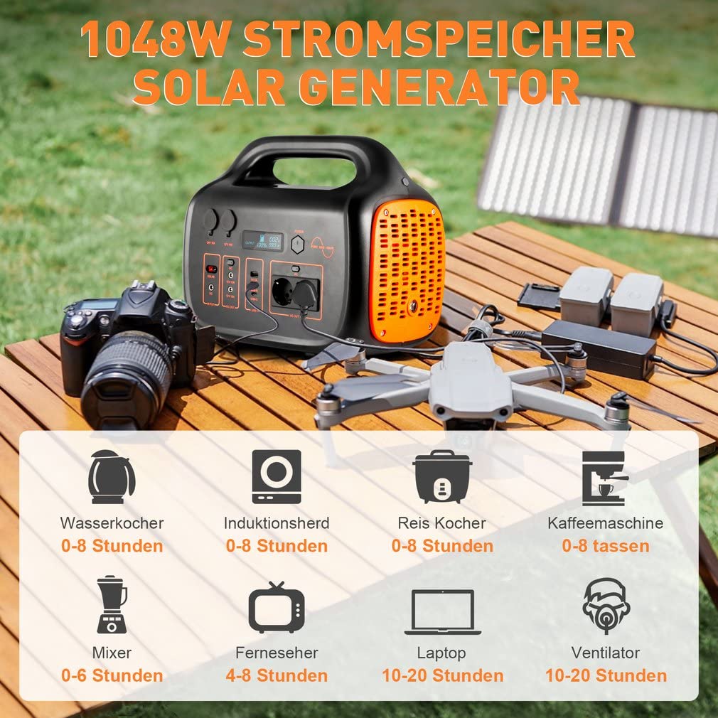 Generador solar 1000WH Estación de energía portátil 230V/1048W Fuente de alimentación móvil con pantalla LCD para vehículos recreativos, viajes en automóvil, actividades al aire libre como campame