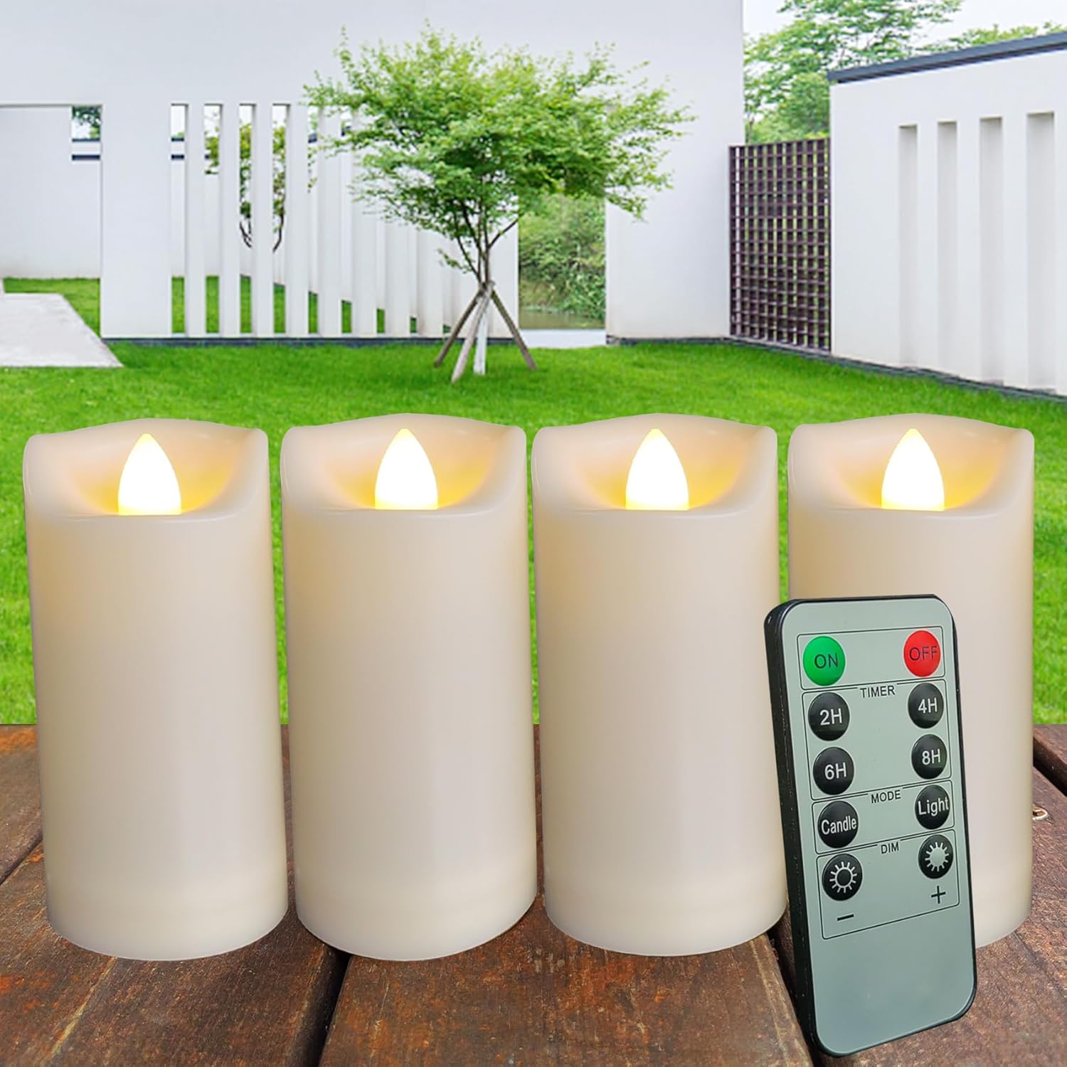 2"x4" Outdoor LED Battery Operated Candles with Timer/Remote 4 Pack Plastic Flickering Waterproof Flameless Candles Wedding Party Halloween Christmas Birthday Decoration Realistic Slim Pillar Candles