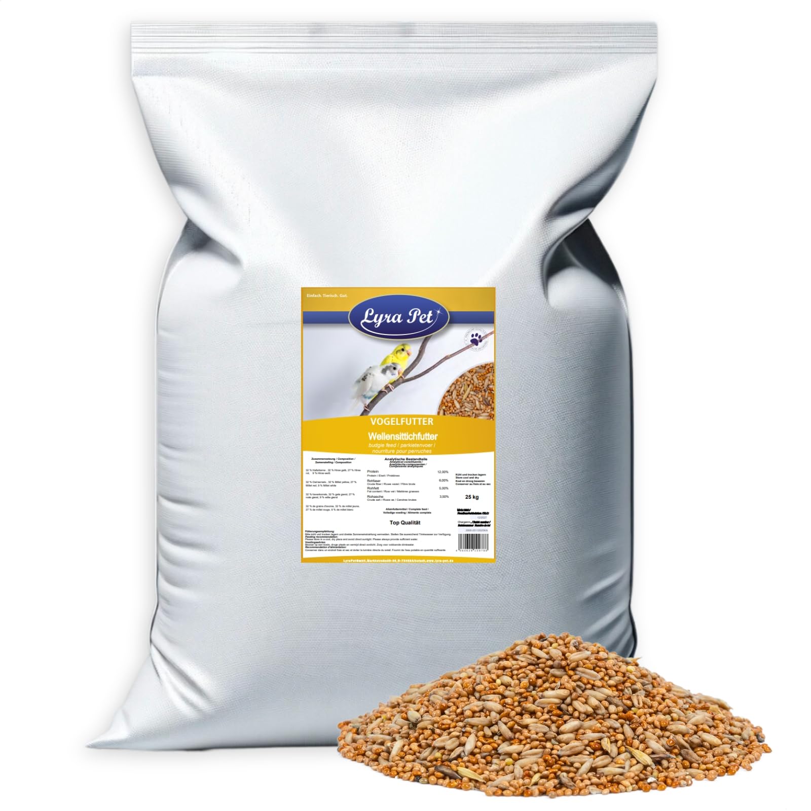 Lyra Pet® | 25 kg Wellensittichfutter | Alleinfutter für Wellensittiche | Vogelfutter für Ziervögel | Nährstoffreiches Futter für das Ganze Jahr | Energiespender für Sittiche | Artgerecht & Natürlich