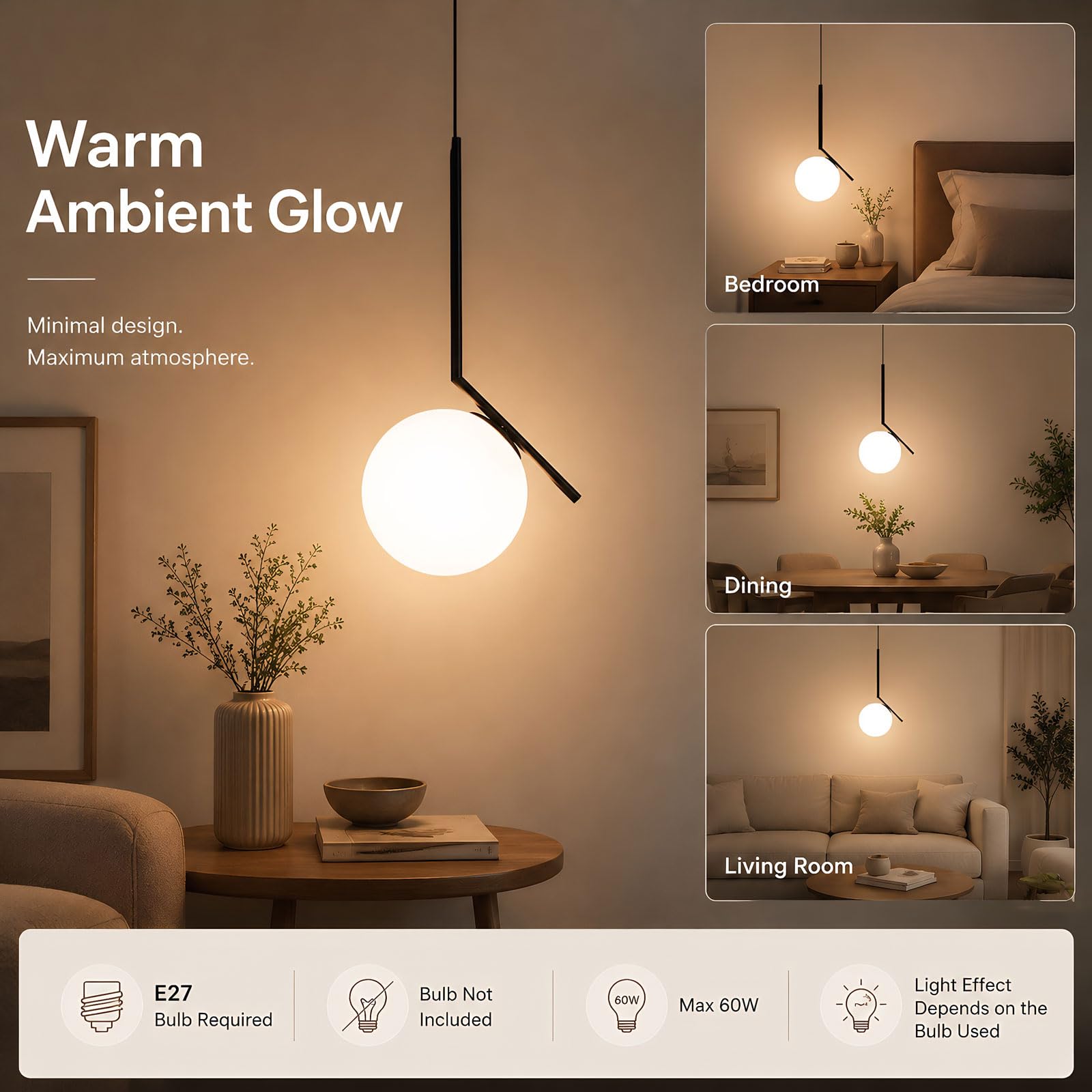 Lámpara Colgante Moderna de Vidrio Globo de Vidrio Opalino Acabado Metálico E27 Hanging Light Cable Ajustable 120cm para Isla de Cocina Comedor Dormitorio Cafetería (Negro, 20cm)