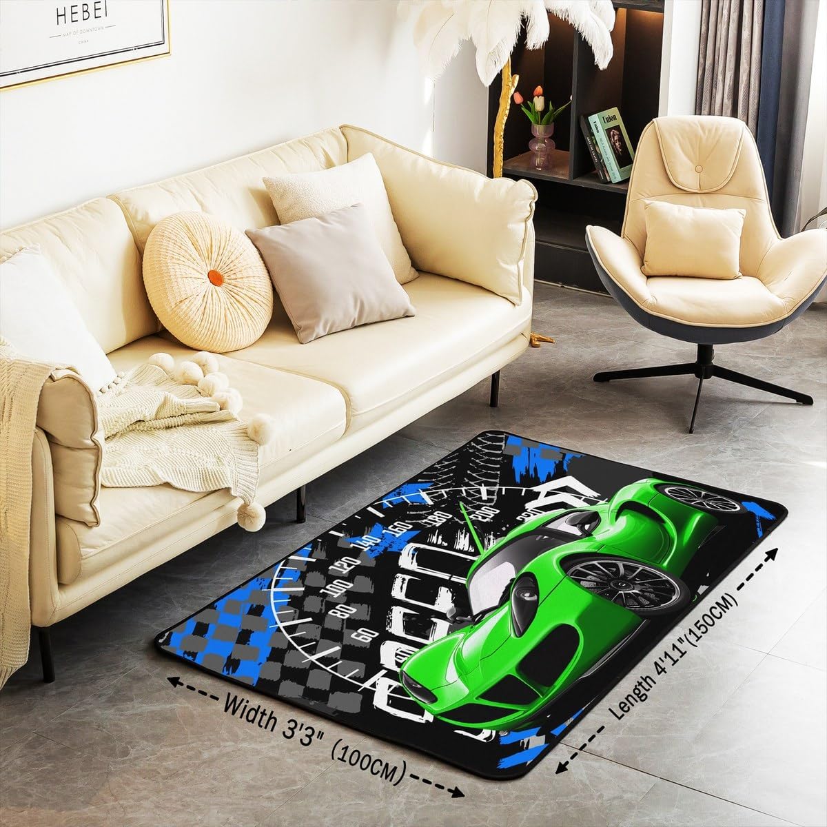 jejeloiu Race Car Area Rug 4x5 Speed Sports Car Living Room Rugs Extreme Sports Decorative Rug Automobile Indoor Floor Mat Cool Car Green Black Black Accent Rug