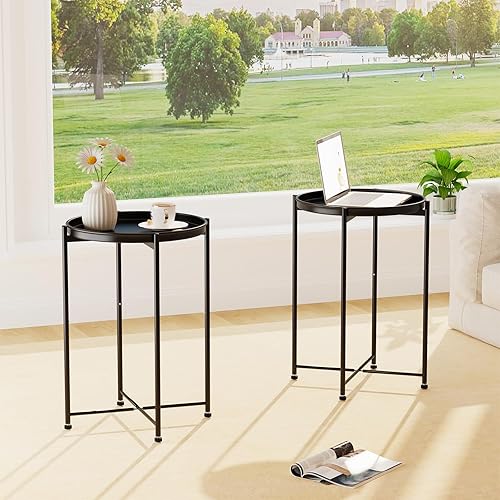 Miniatura 3 de Garden 4 you Mesa auxiliar pequeña, mesa auxiliar redonda, mesa de bandeja con marco de metal, mesita de noche moderna para sala de estar,