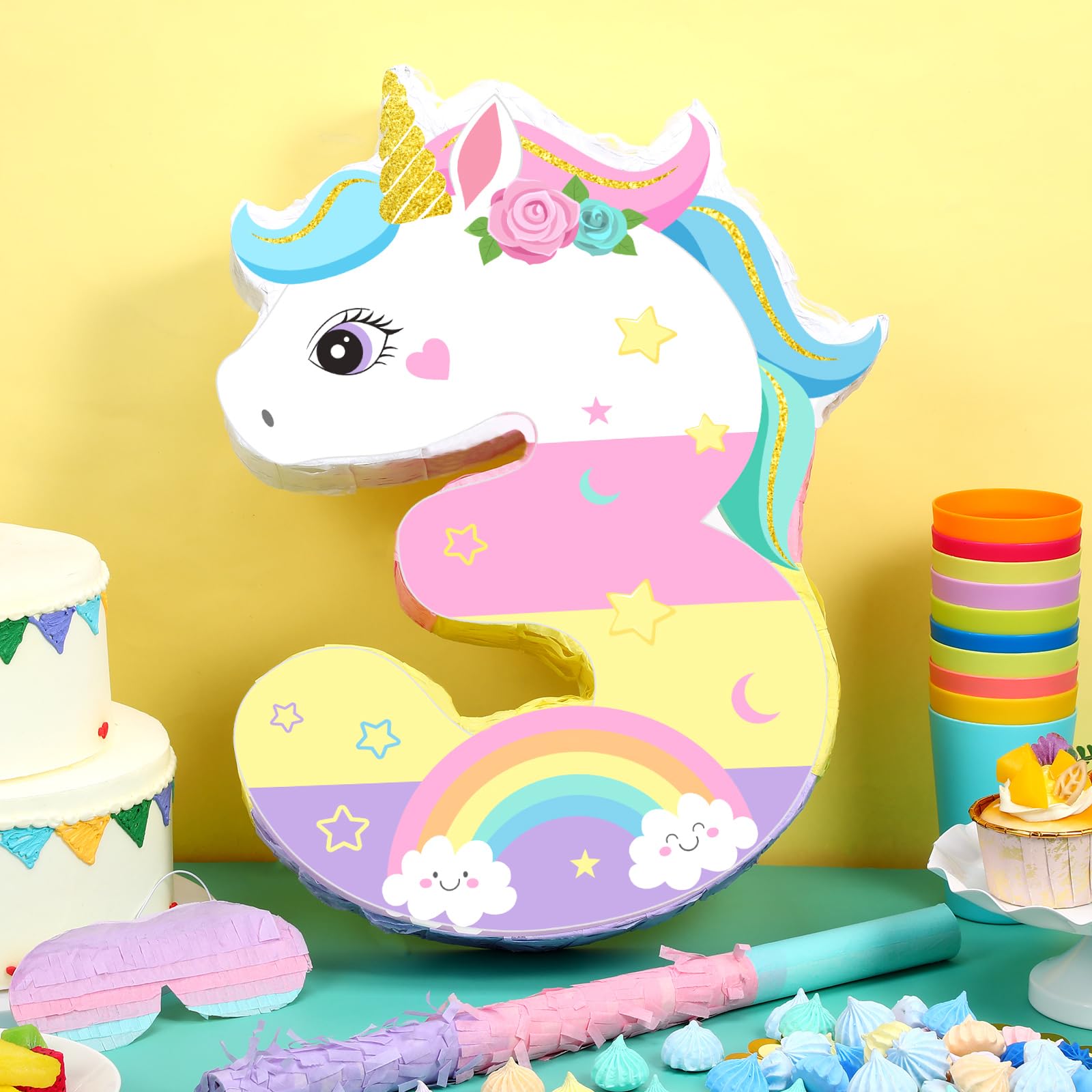 Pinata de Licorne pour 3ème Anniversaire de Fille Pinata en Forme de Numéro 3 avec Bâton Bandeau des Yeux Confettis pour Décorations de Fête de 3ème Anniversaire