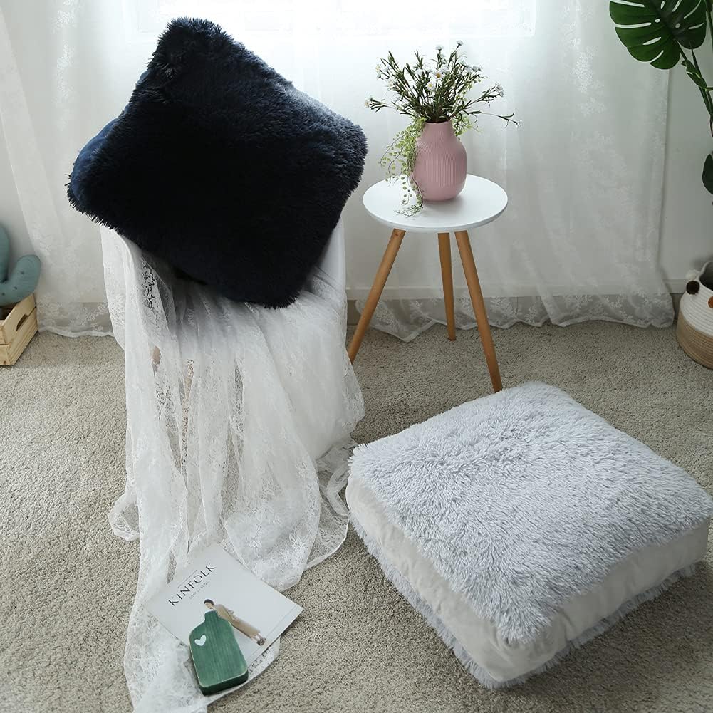 Soft Square Floor Pillow Cushion Seating Large Floor Cushion for Sitting, Fluffy Floor Seat Cushion Washable & Zippered, Faux Fur Fuzzy Oversized Floor Seat Pillow for Adult, Big 23.6 Inch Light Grey: Kitchen & Dining