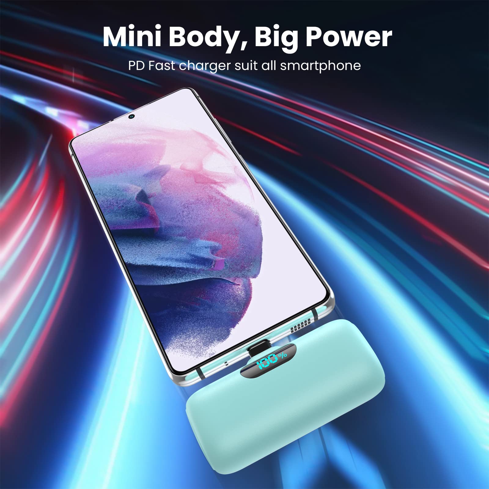 Feob Mini Power Bank USB C 5000mAh, 15W PD 3.0A Carica Rapida Caricabatterie Portatile Compatta e Carino Powerbank Batteria Esterna con LED Display per iPhone 16/15 Pro Samsung, ecc - Verde