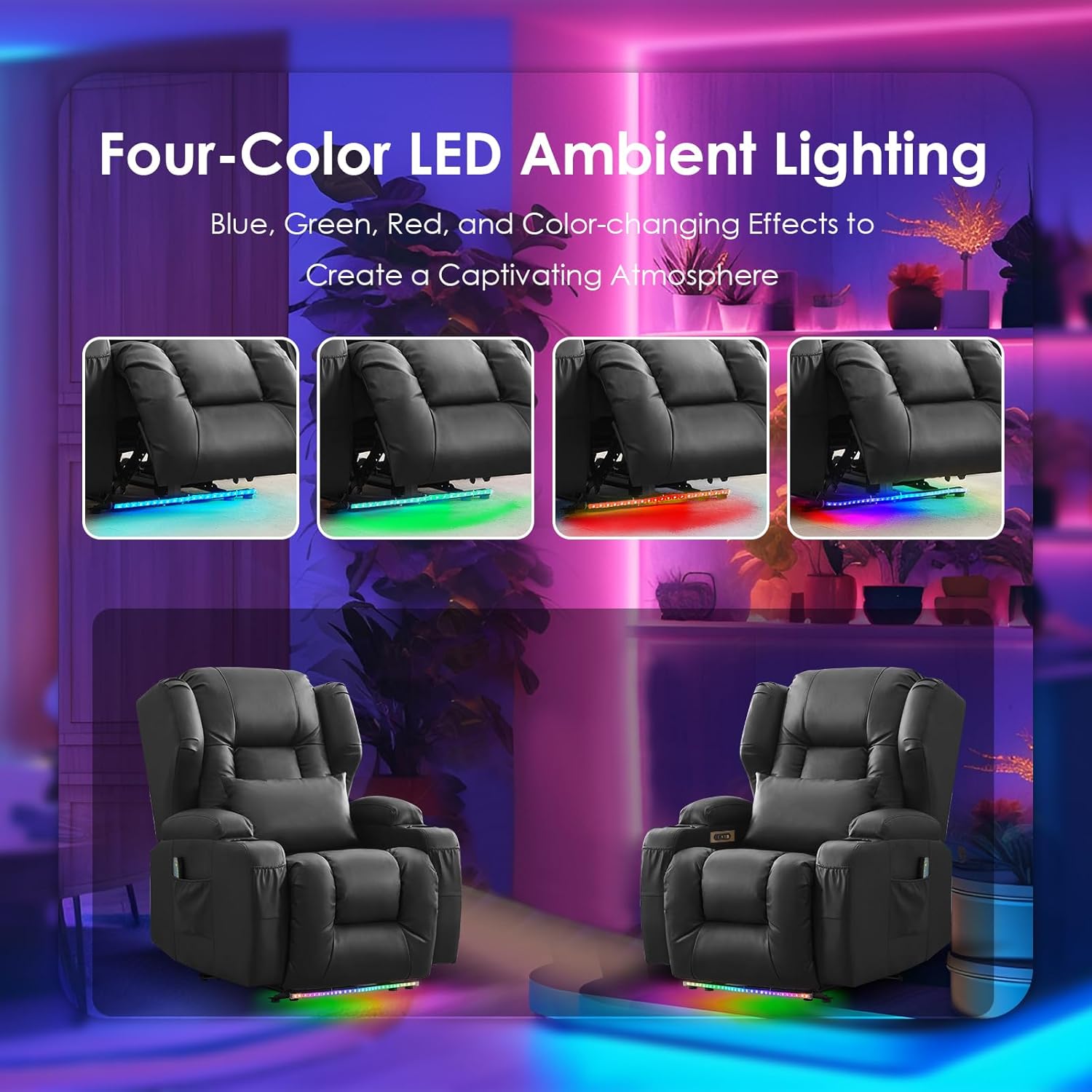 SAMERY Power Recliner Chair, Electric Wall Hugger Recliner Chair Reclining Sofa Home Theater Seating for Living Room with Massage & Heat, USB, LED Lights, Cup Holders, Side Pockets, Lumbar Pillow | 1-Inch Wall Hugger, Extra Wide Seat, Full Body Comfort, Sturdy Heavy Frame, All Age Comfort, Versatile Home Use