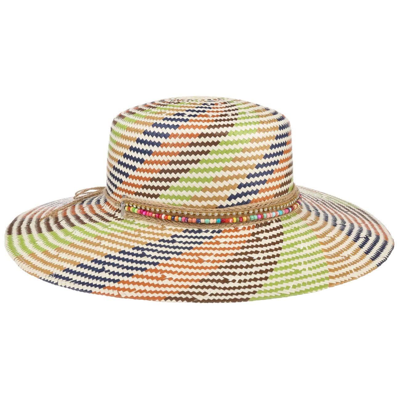 LIPODO Jalaja Colour Cappello di Paglia a Tesa Larga Rigato Multicolore con Pietre Prodotto in Italia Donna Primavera Estate