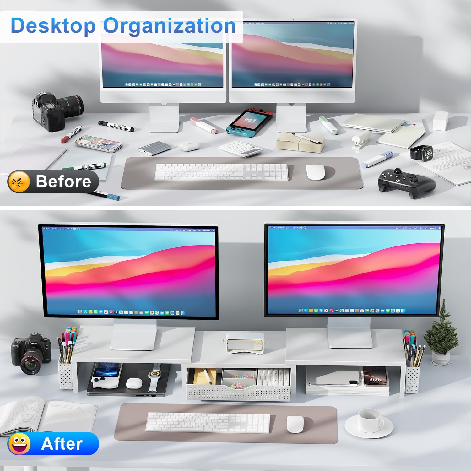 Supporto per doppio monitor, accessori da scrivania in metallo con cassetto e 2 portapenne, lunghezza e angolazione regolabili, supporto per monitor del computer per schermo, computer
