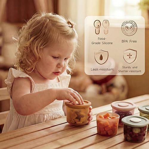 Miniatura 5 de Moonkie Recipientes de silicona para alimentos para bebés | Tarros de almacenamiento de alimentos para bebés de 8 onzas / 4 onzas con tapas
