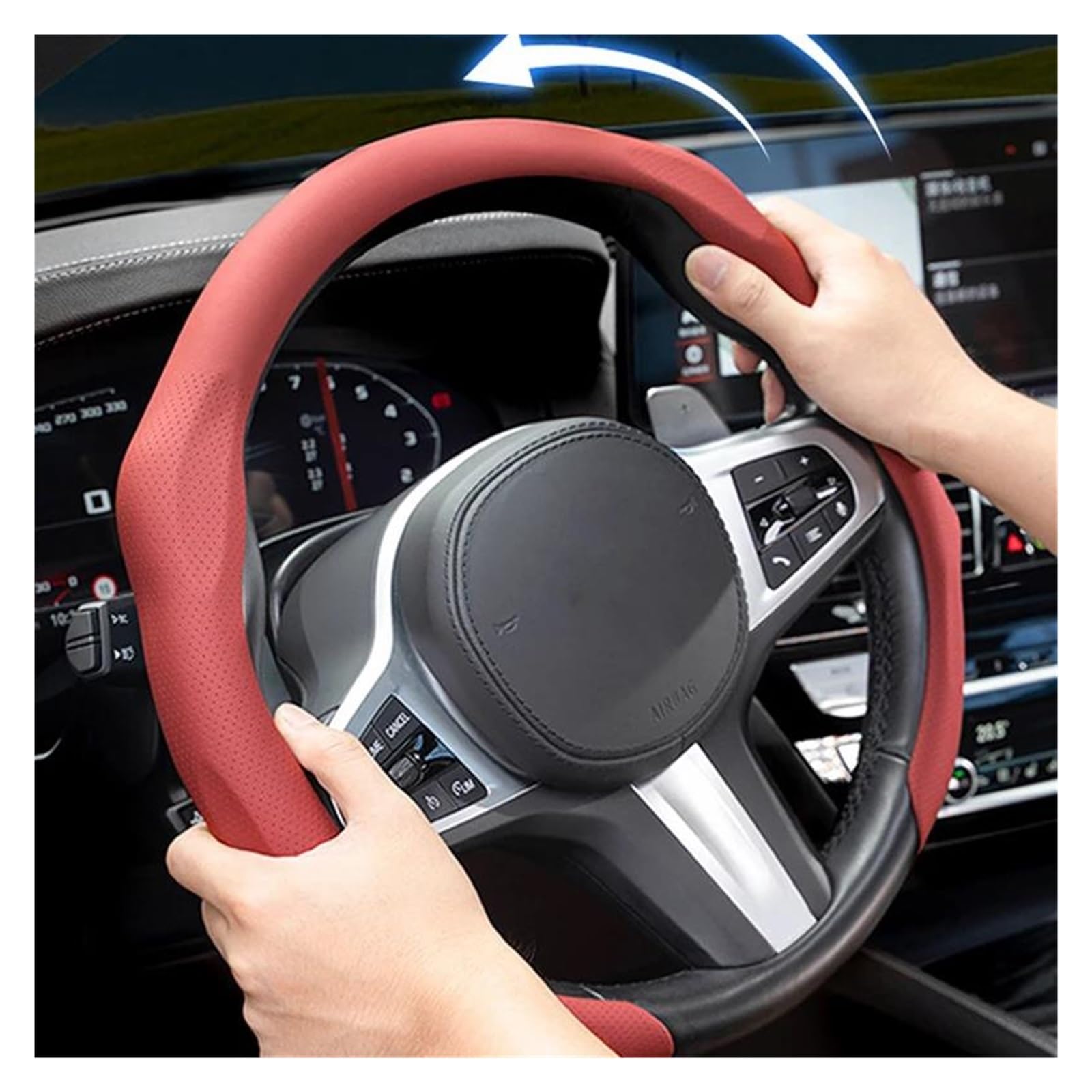 Lenkradabdeckung Leder Auto Lenkrad Abdeckungen Booster Abdeckung Für Jeep Für Kompass Für Wrangler Für Grand Für Renegade Lenkrad Bezug Auto(Red-B)
