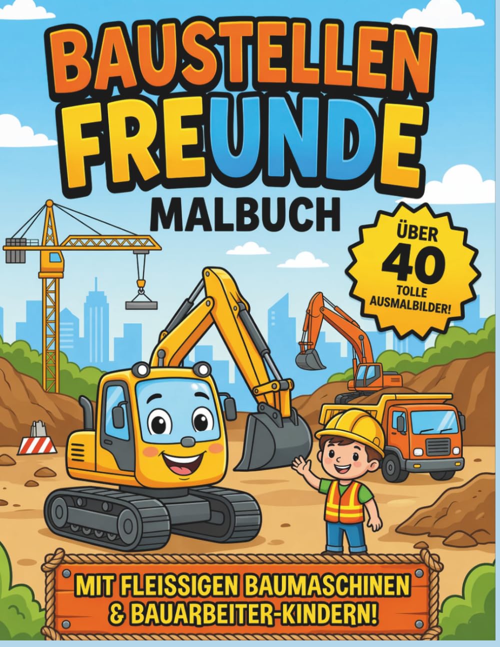Baustellen Malbuch für Kinder 3–8 Jahre: Bagger, LKW & Baustellenfahrzeuge zum Ausmalen | 50 einfache Motive für Jungen und Mädchen