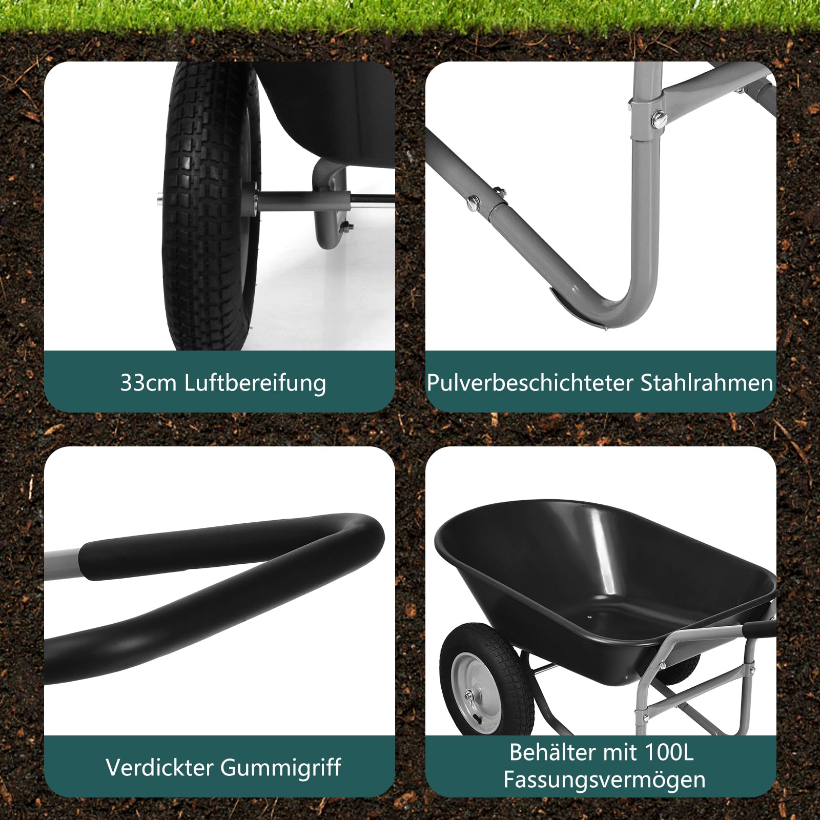 GYMAX Gartenschubkarre 100 Liter Volumen mit 2 Luftreifen, Schiebkarre Transportkarre mit Griff, Bauschubkarre bis 100 kg belastbar, 65 x 145 x 65 cm (Schwarz)