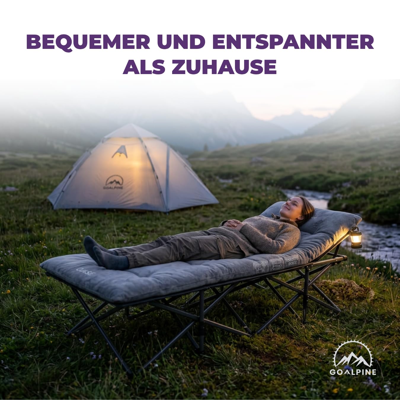 GOALPINE® OASE | Feldbett Groß mit Matratze [Wildtierleder Imitat] & Kissen | für Camping | klappbar | Campingbett XXL | als Gästebett und im Garten nutzbar | 1 Person bis zu 200 kg | extra breit