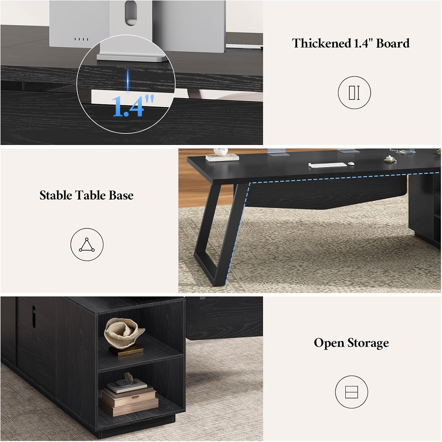 70.3 inch L Shaped Executive Desk with Power Outlets, Large Home Office Desk with Storage Drawers and File Cabinet, Modern Computer Desk with Shelves, Black Business Furniture, Square Metal Legs