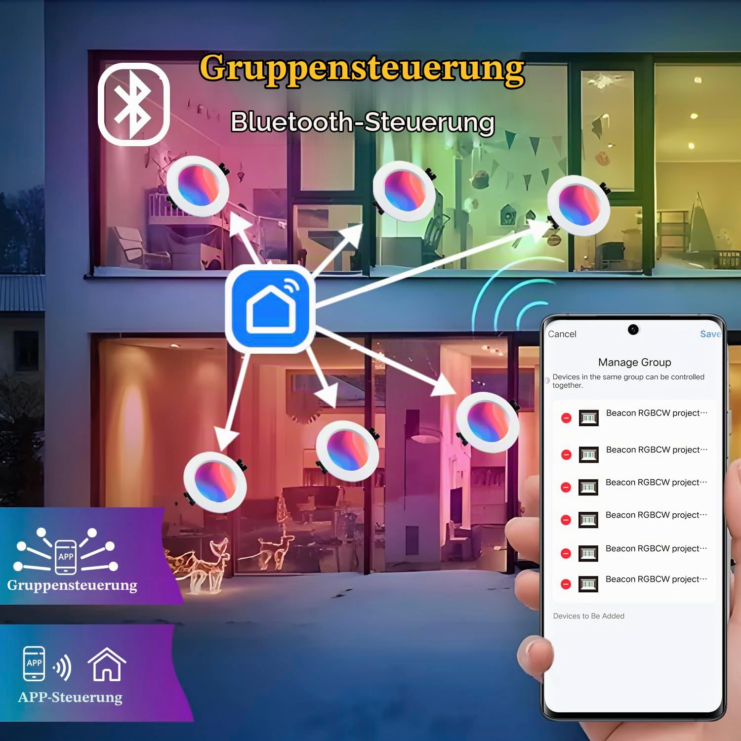 LED Einbaustrahler RGBW Smart LED Spots 230V Dimmbar APP Bluetooth Einbauspots warm und kaltweiss farbwechsel, 2700K-6000K, 8er Set 7W, Alu, IP44 Deckenspots für Badezimmer, Küche, Wohnzimmer