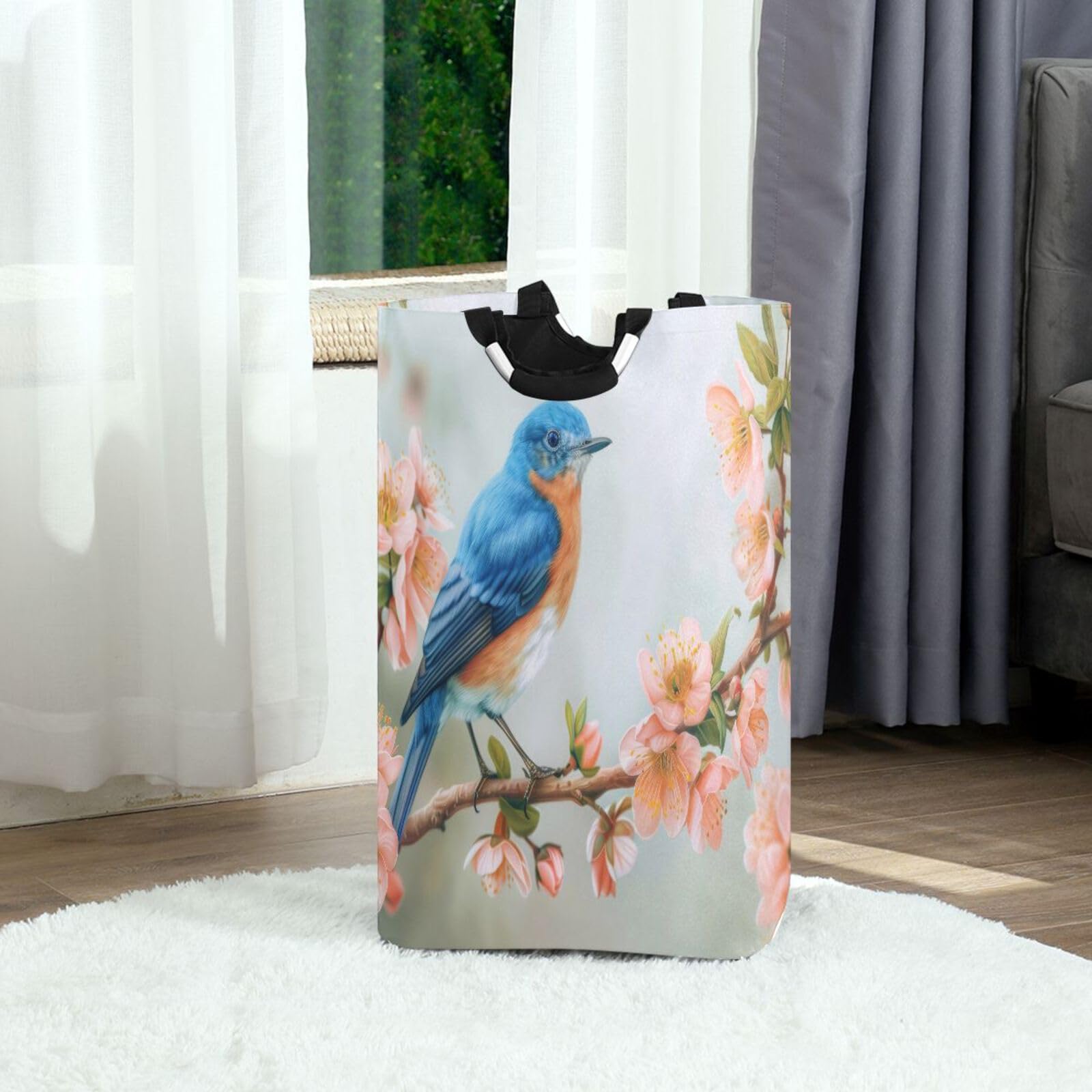 Jihqo Laundry Hamper Basket Spring Floral Bird Collapsible Nursery Storage Bin Waterproof Clothing Baskets for Home Bedroom Bathroom Washing Room