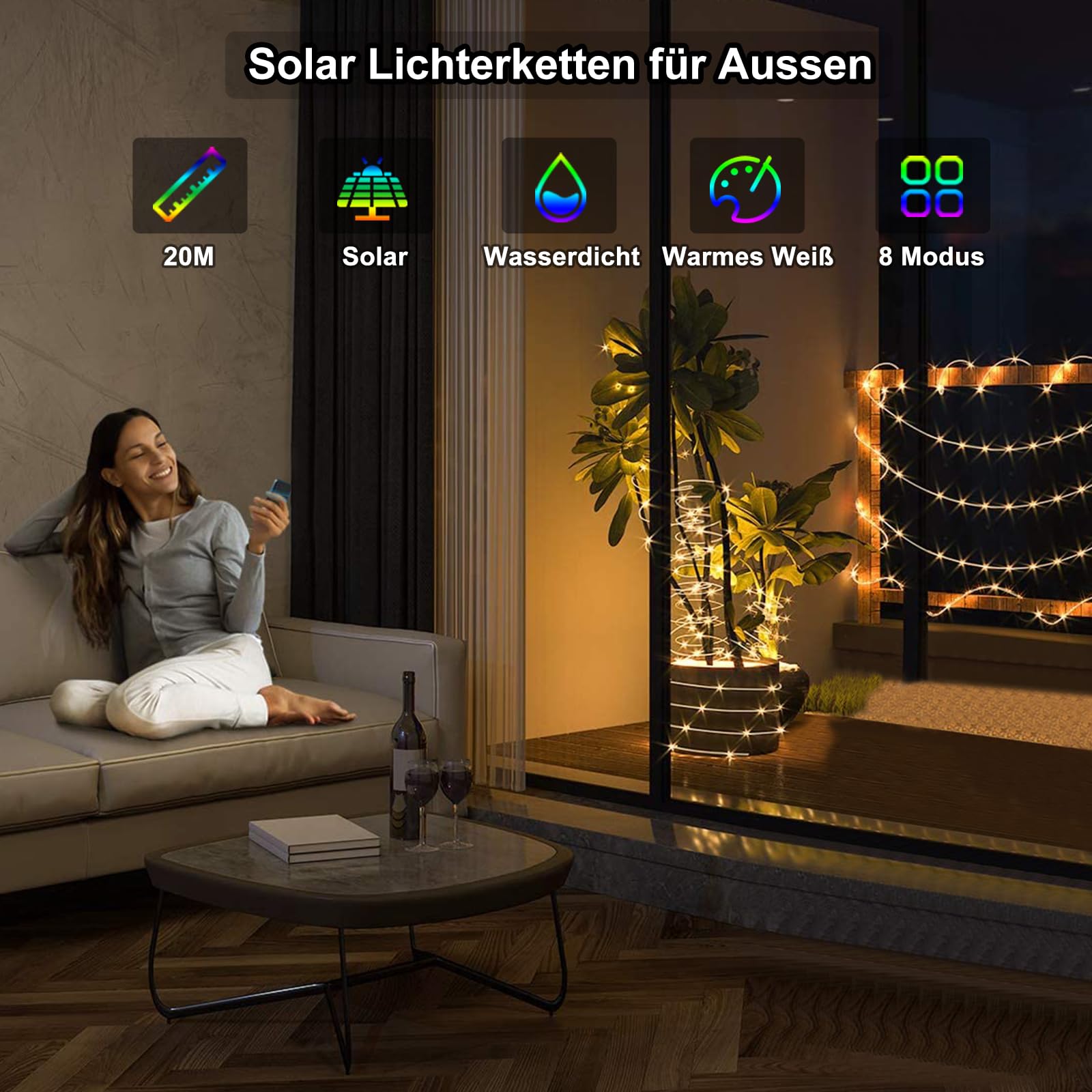 LED Schlauch 20m Wasserdicht,USB & Solar Lichterschlauch Aussen,für Innen außen,8 Modi,Timer,Fernbedienung,Wetterfest Lichterkette für weihnachten Hochzeit Party Deko,(Warmweiß)