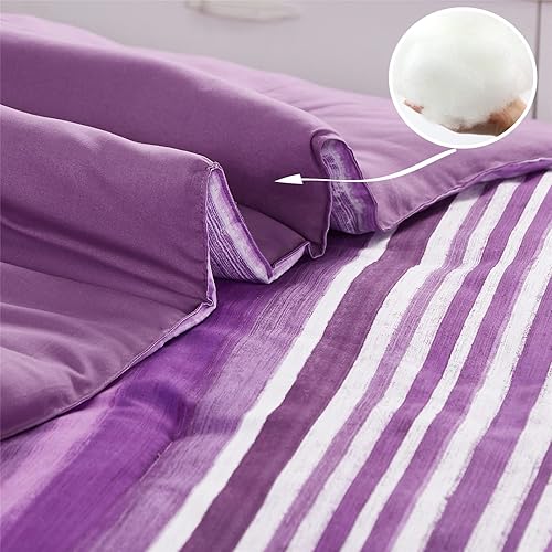 Miniatura 6 de KAKIJUMN Juego de Edredón a Rayas de 7 Piezas en una Bolsa Tamaño Full, Edredón y Juego de Sábanas a Rayas de Retazos Blanco y Morado, Juegos de
