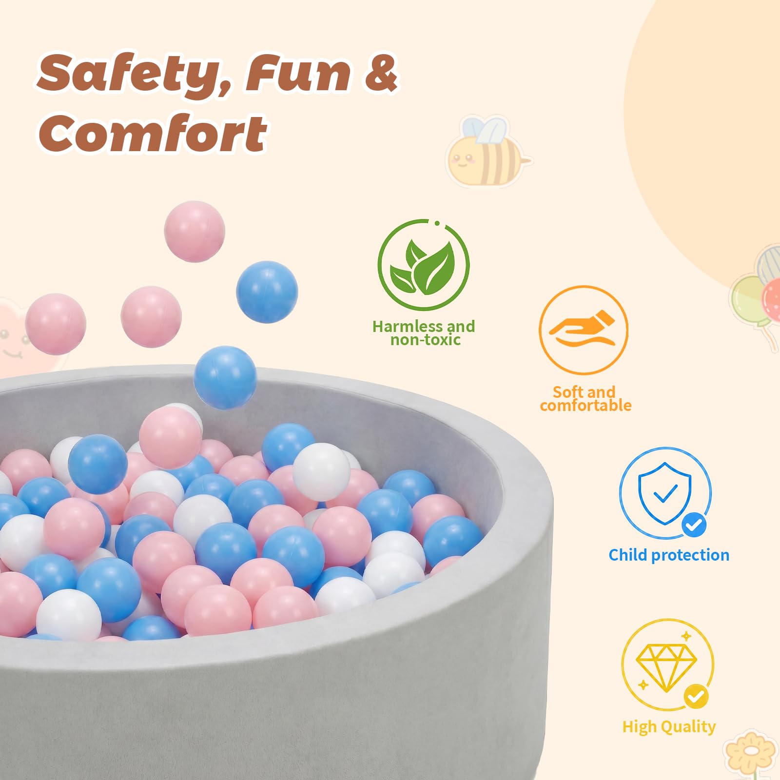 Wilwolfer Bagno per palline per bambini piccoli: piscina per palline in schiuma con 100 palline tricolore – bagno per palline per bambini con palline incluse – piscina rotonda morbida e pieghevole
