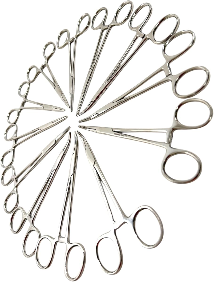 12PK Serrated Hemostat Mosquito Forceps with Curved & Straight Jaws | Stainless Steel - Lab, Veterinary, Multi-Purpose (5.5 Inches)